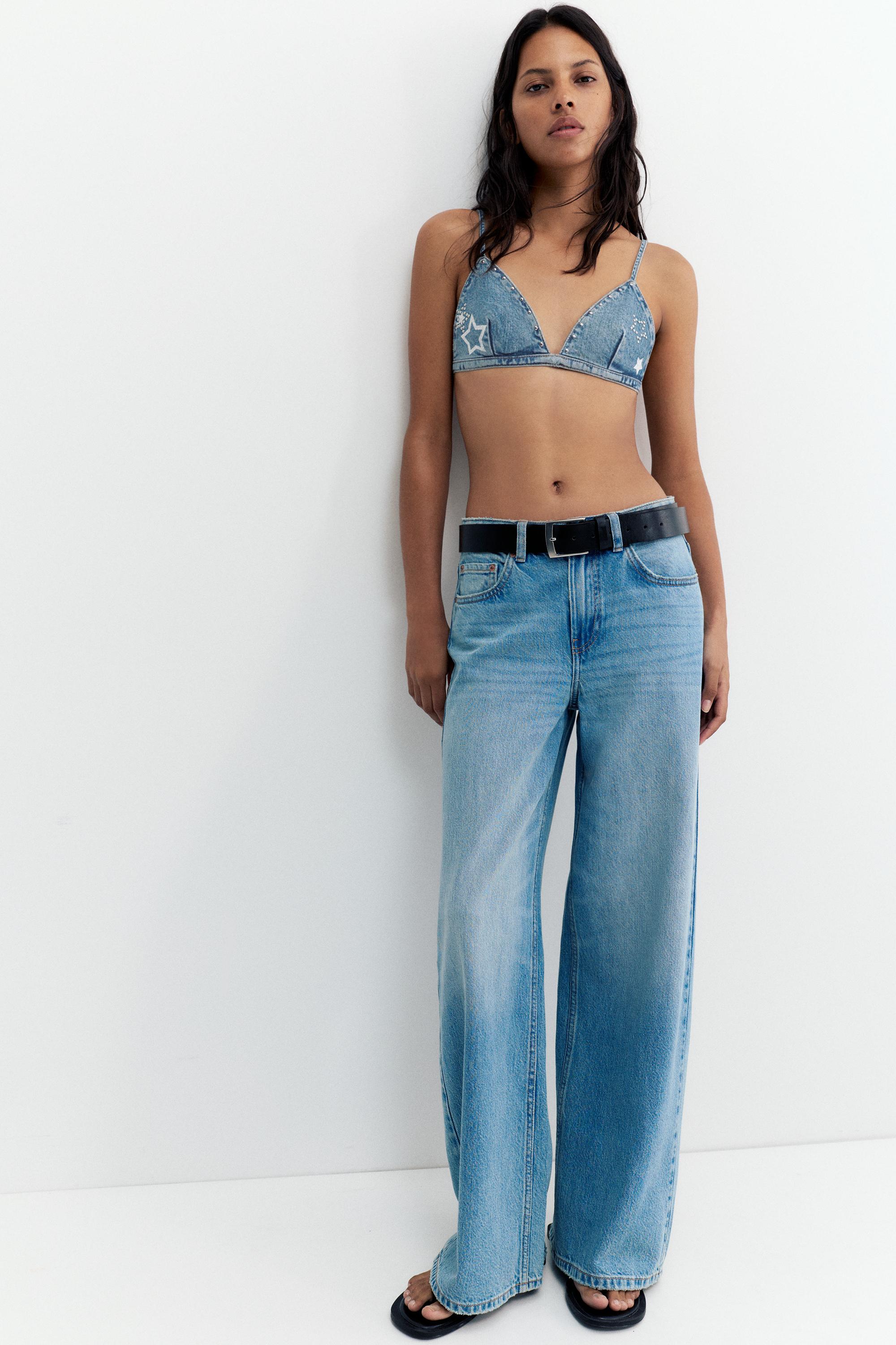 Studded star denim triangle top — Medium blue