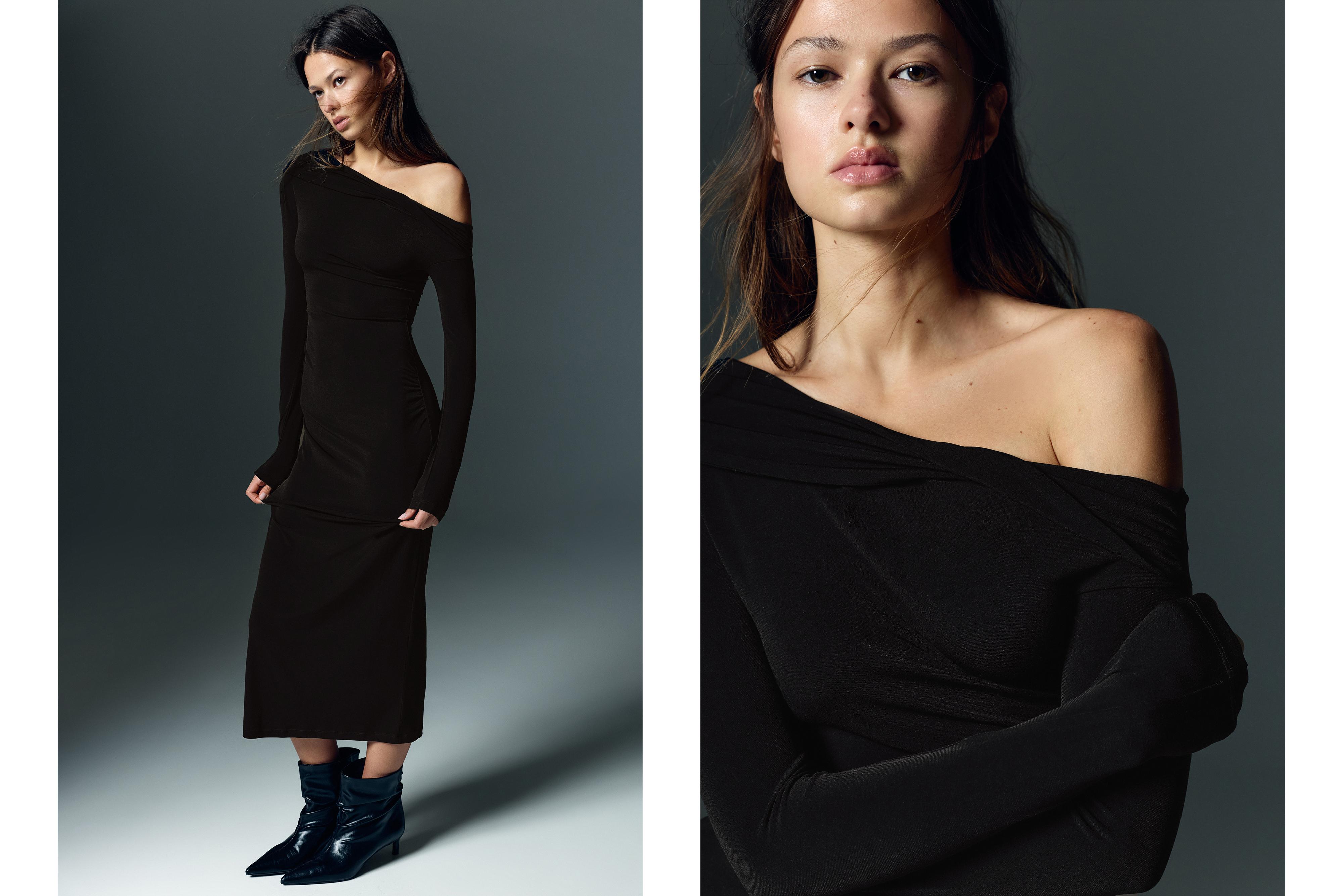 Bardot neckline midi dress — Black