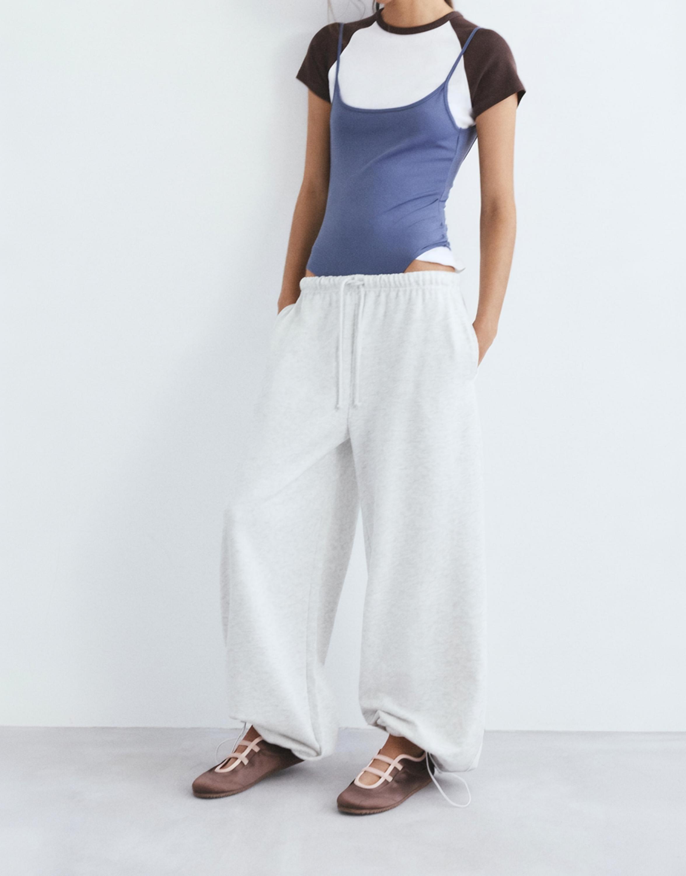 Wide-leg tracksuit bottoms with adjustable hem — Grey marl