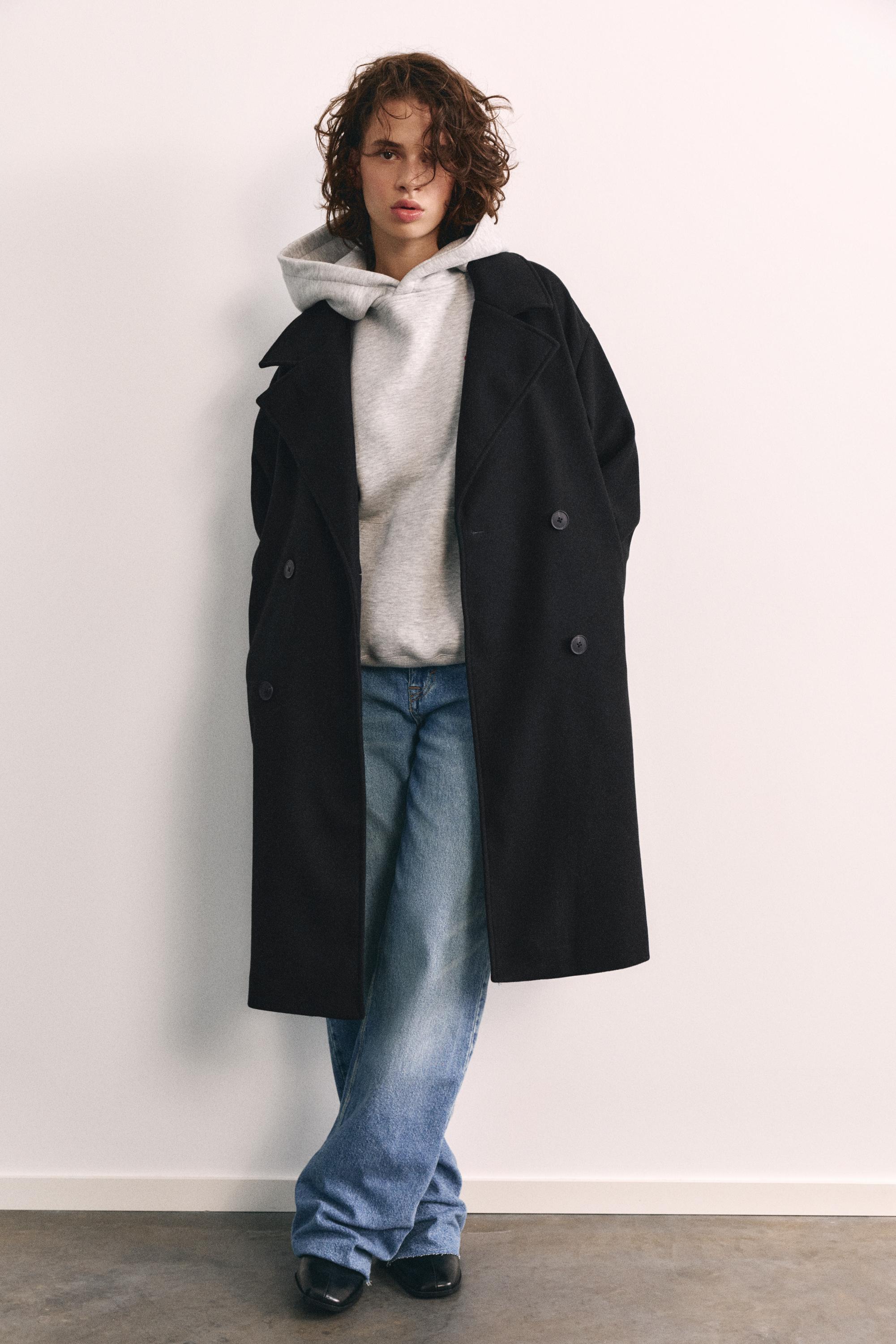Double-breasted felt texture coat — Black