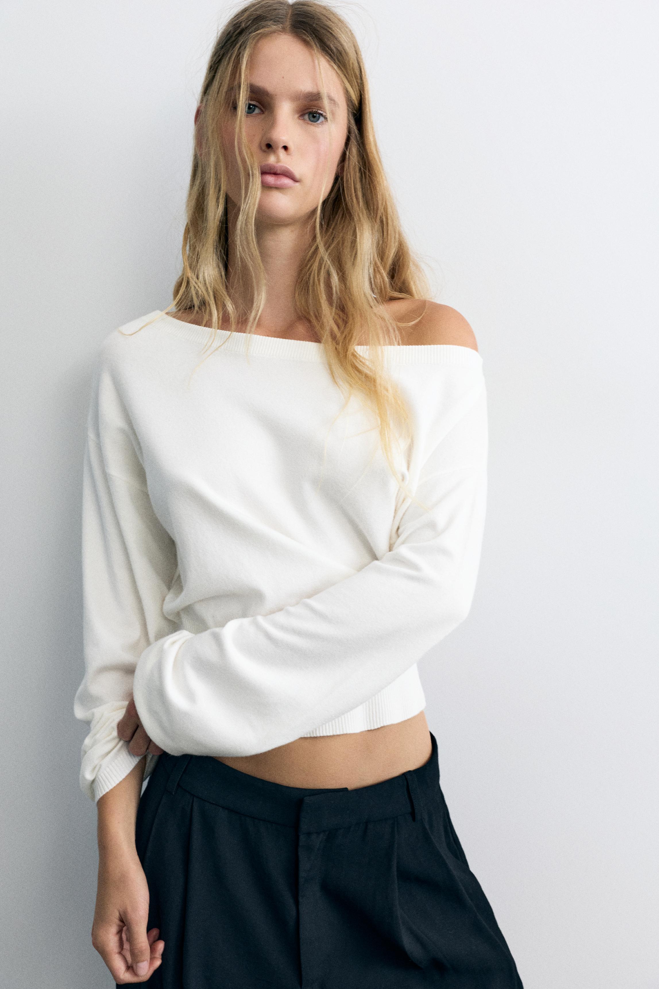 Asymmetric neck jumper — Ecru