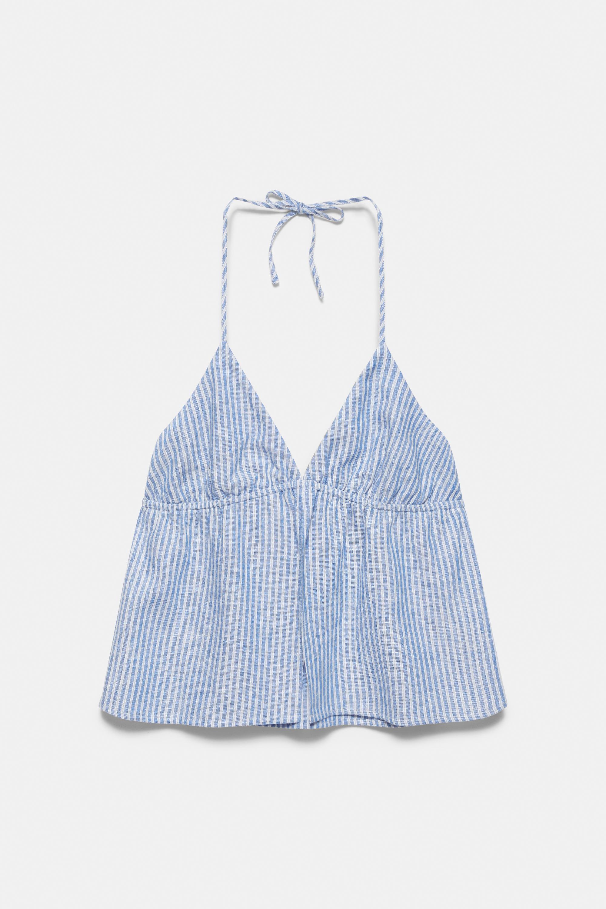 Striped linen blend halter top — Blue