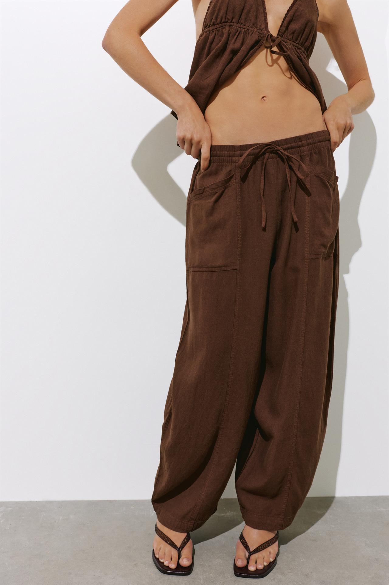 Linen blend barrel trousers — Chocolate