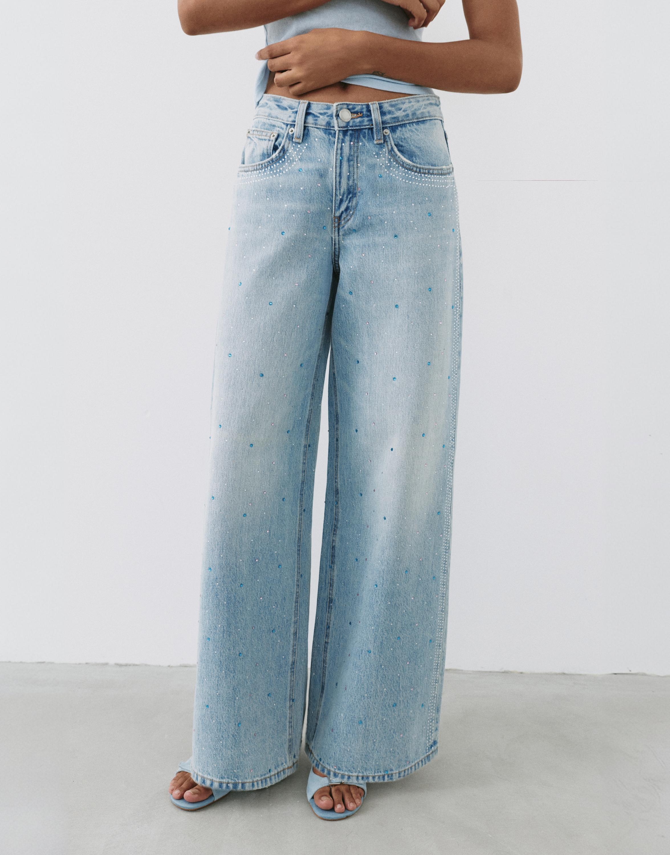 Rhinestone wide-leg jeans — Pale blue