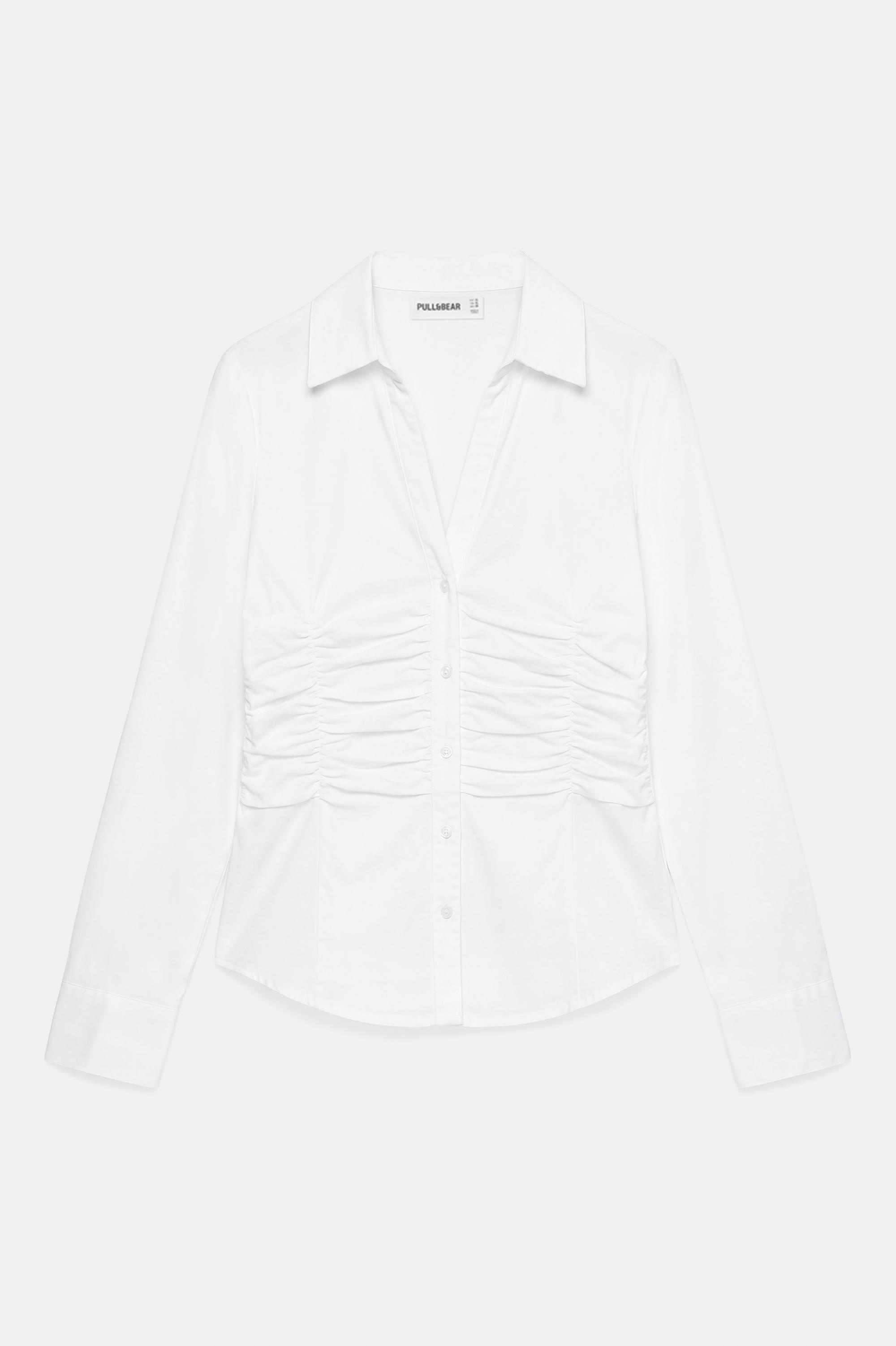 Fitted gathered poplin shirt — White