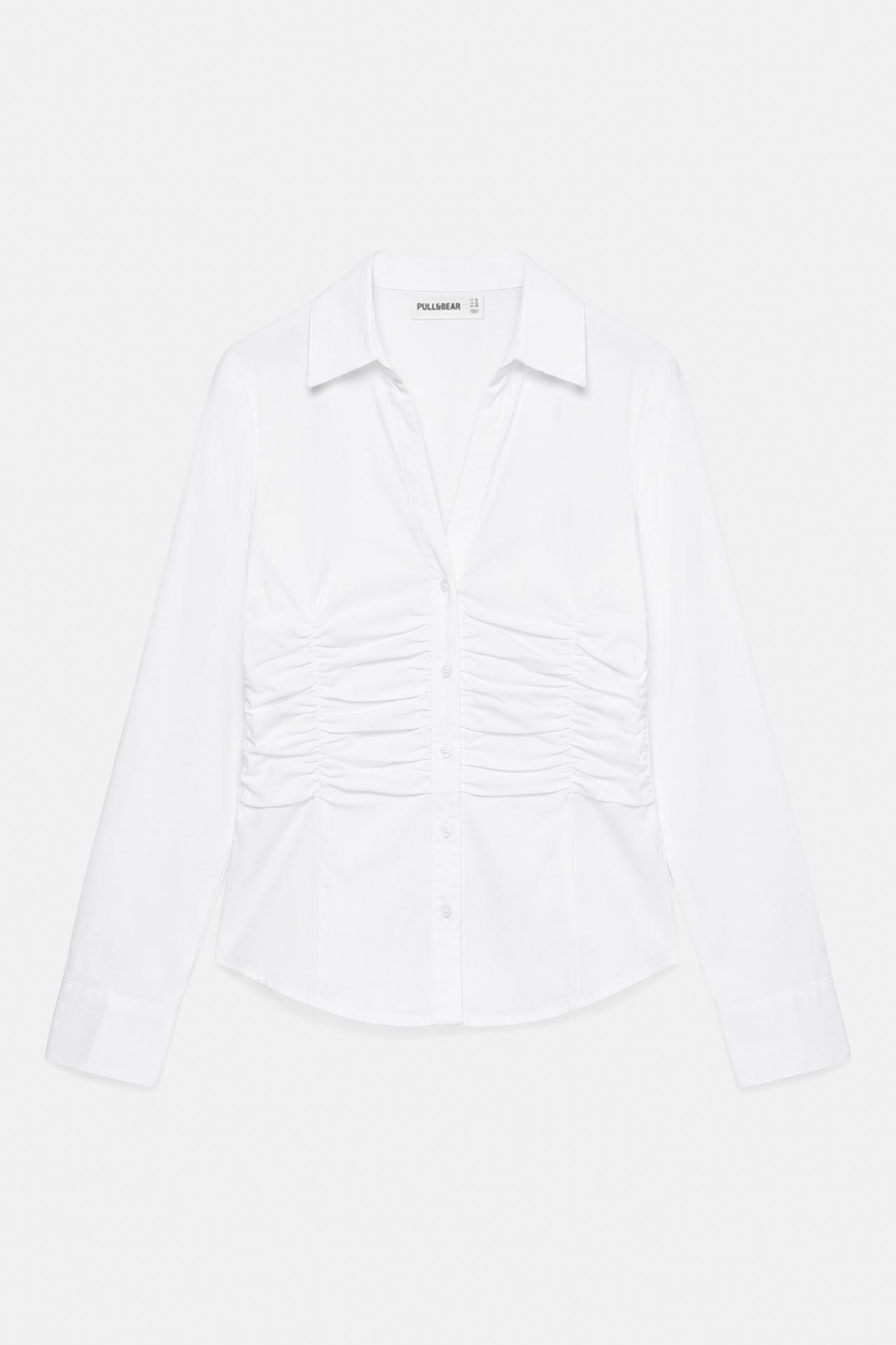 Fitted gathered poplin shirt — White
