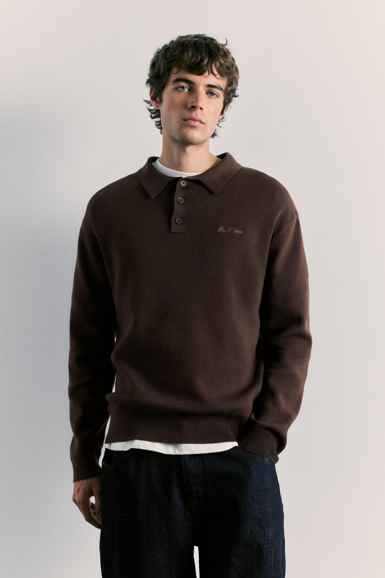 Long sleeve knit polo shirt — Brown