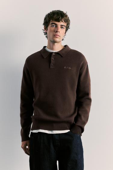 Long sleeve knit polo shirt — Brown 1