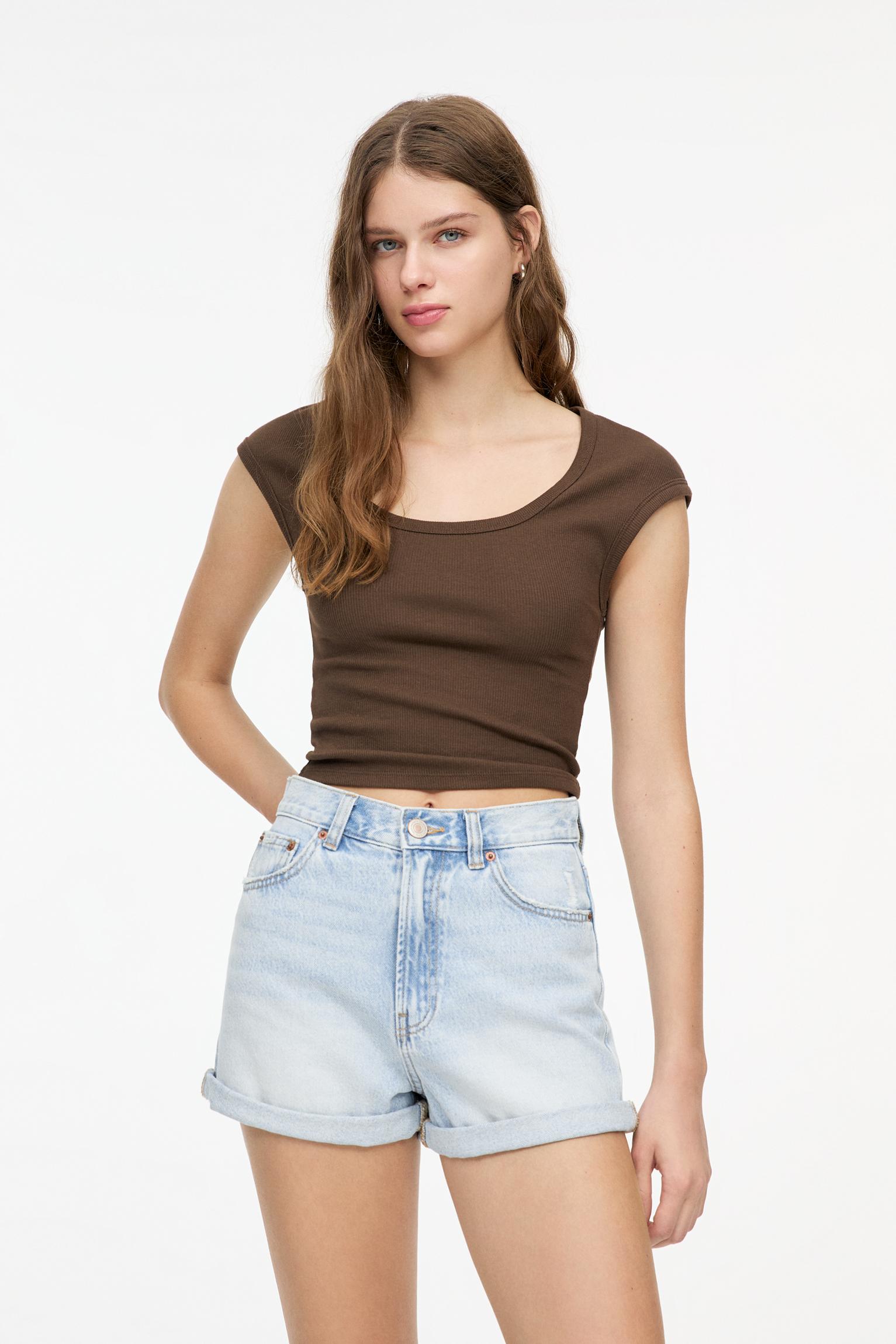 Denim turn-up mom shorts — Pale blue