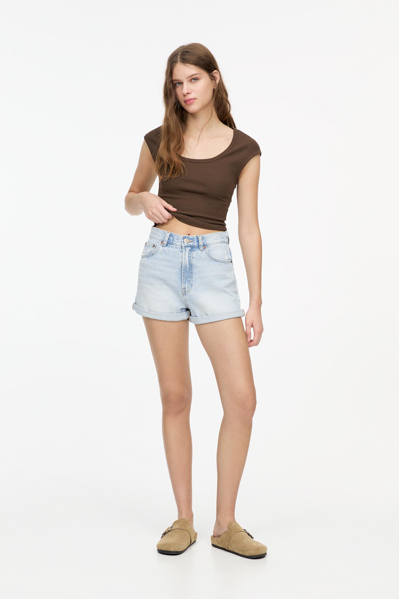 Denim turn-up mom shorts — Pale blue
