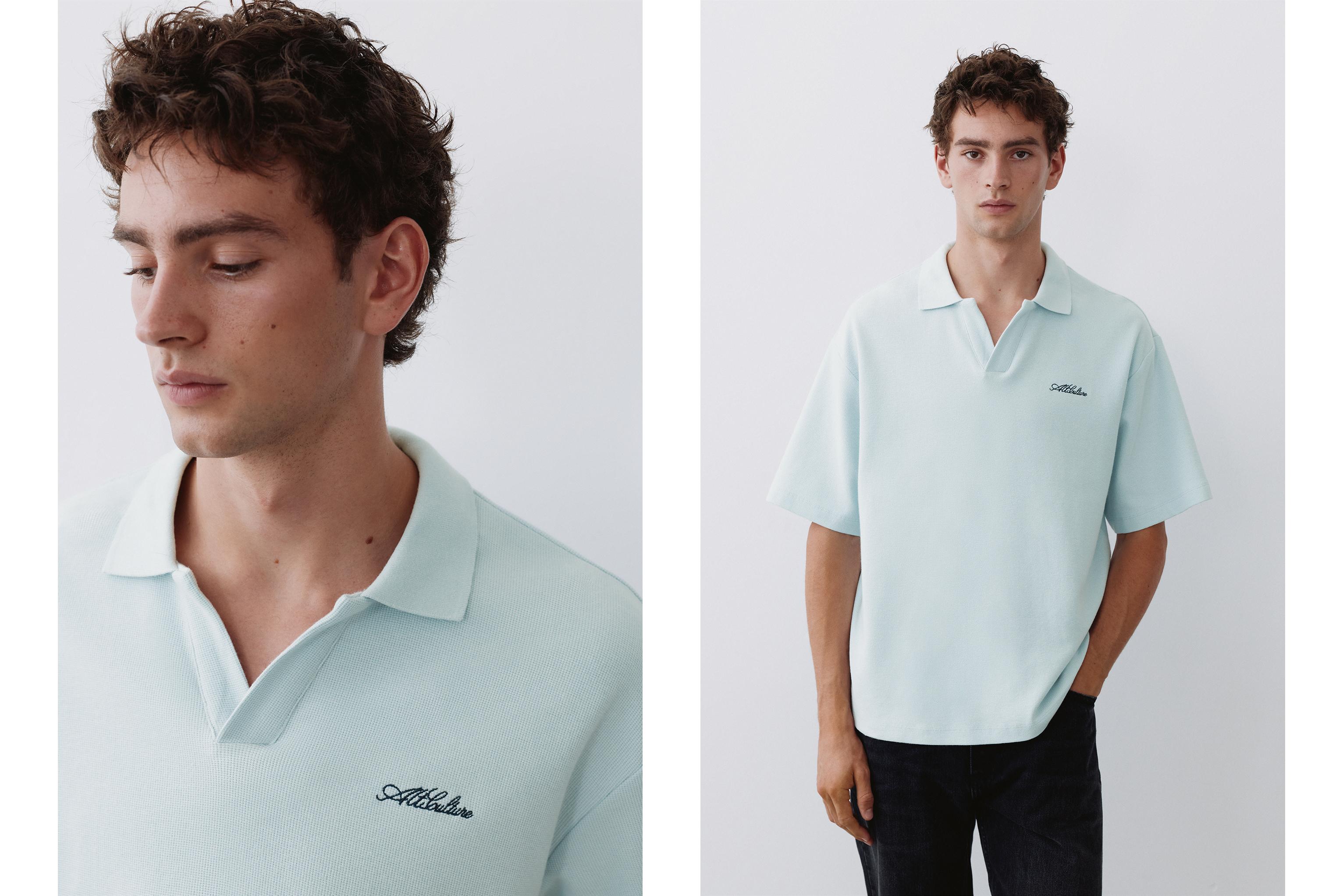 Short sleeve waffle-knit polo shirt — Sky blue