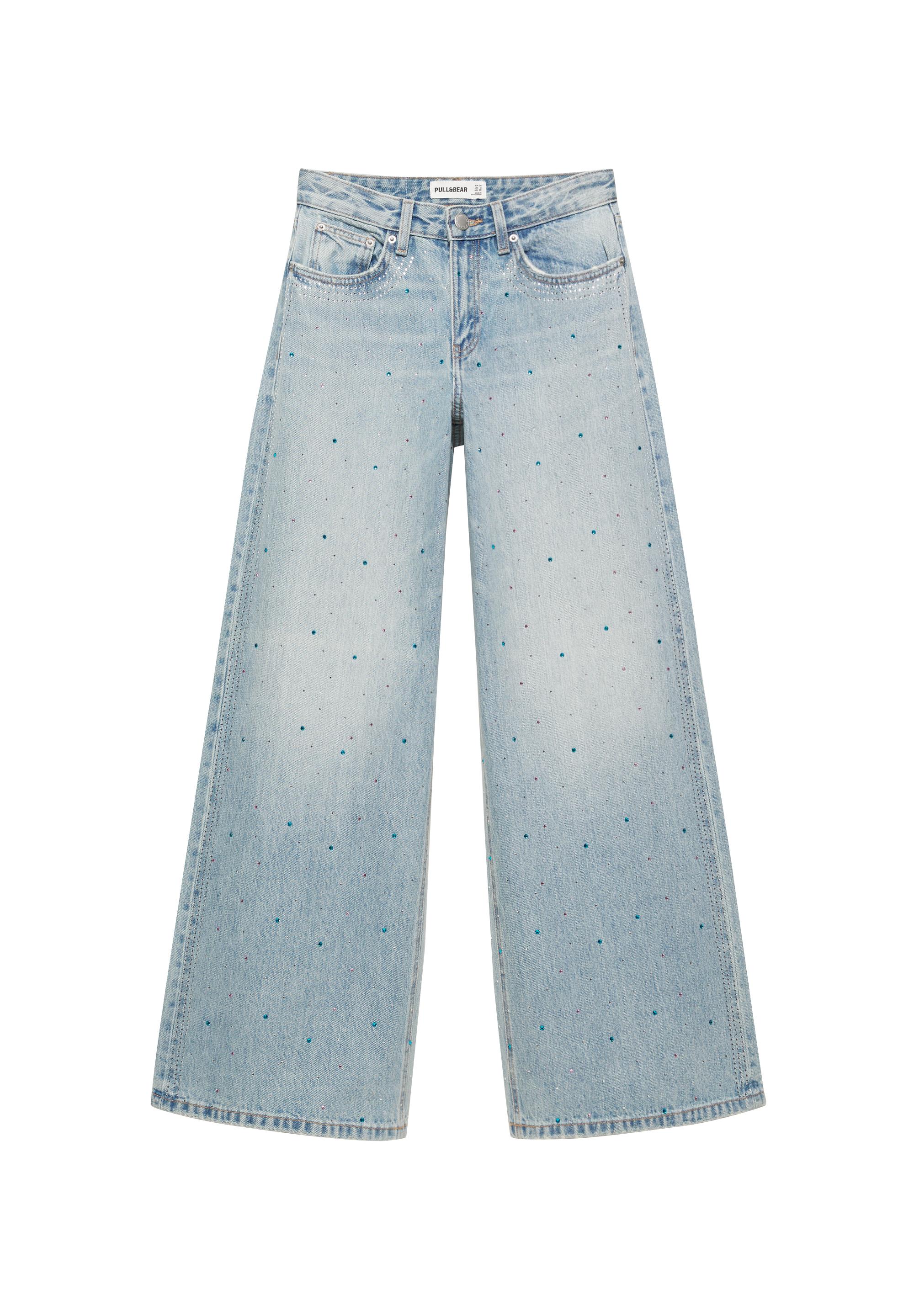 Rhinestone wide-leg jeans — Pale blue