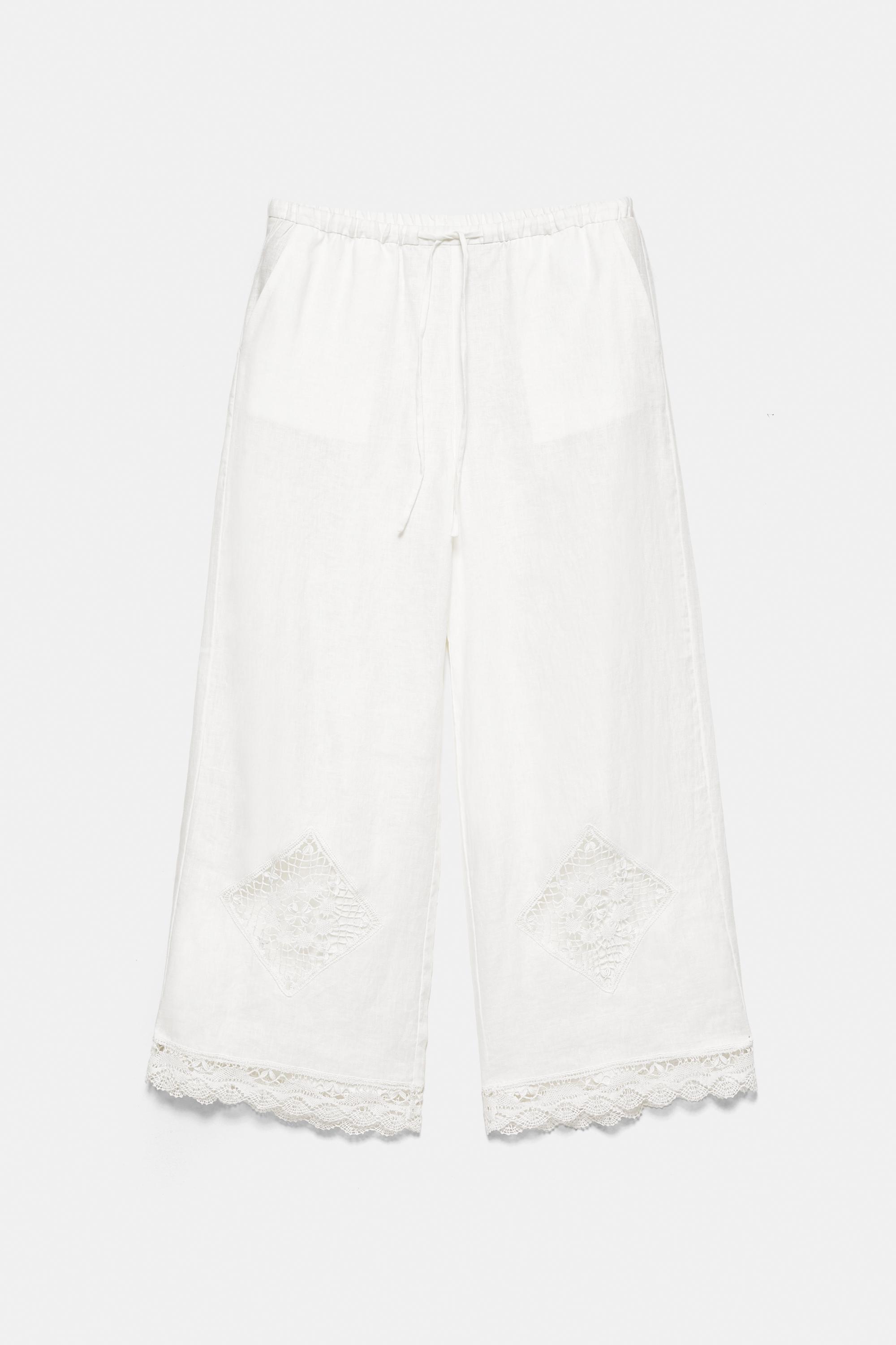 100% linen Encaixe de Camariñas x Pull&Bear trousers — Off white