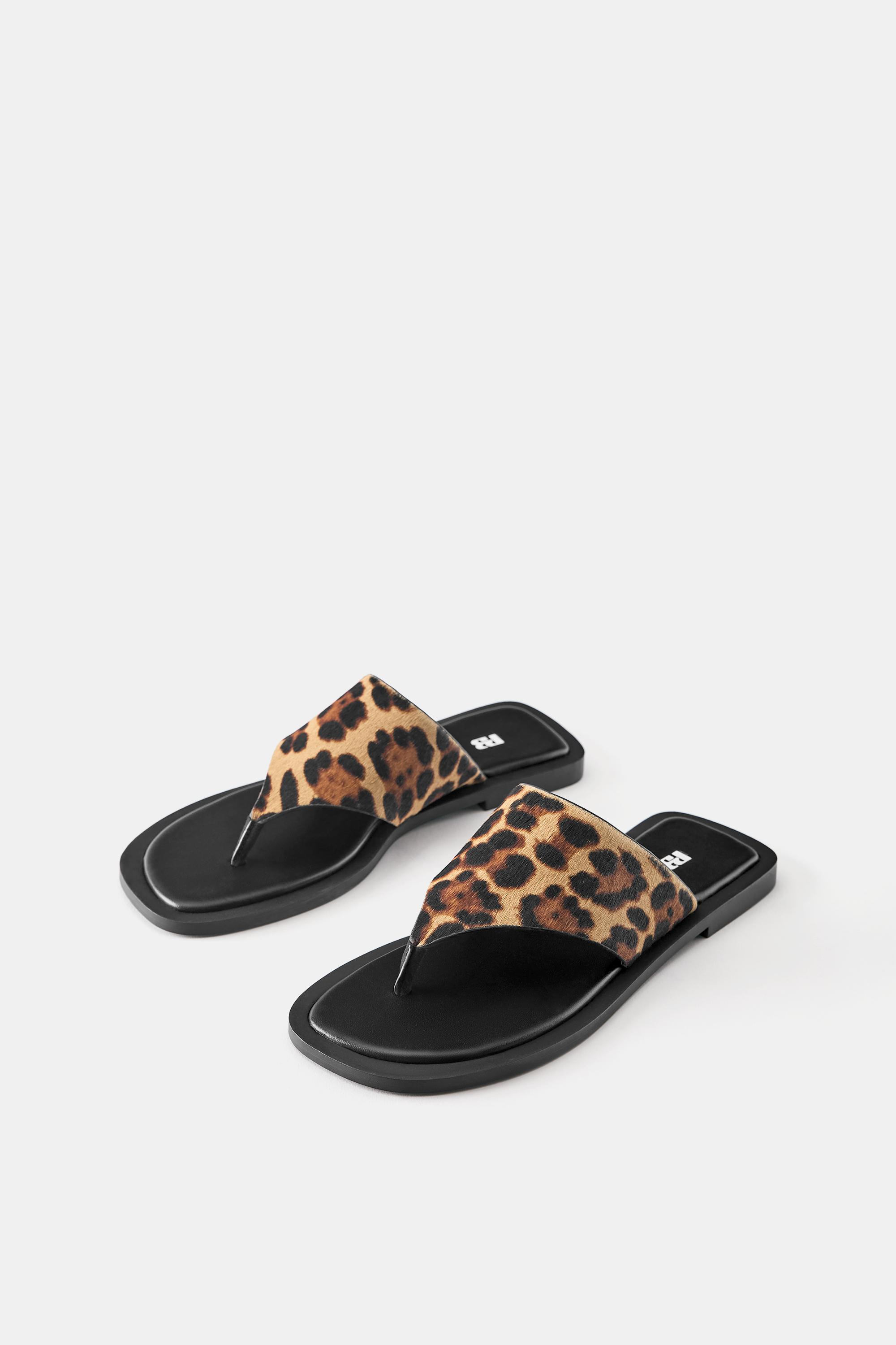 Leopard print leather flat slider sandals — Leopard