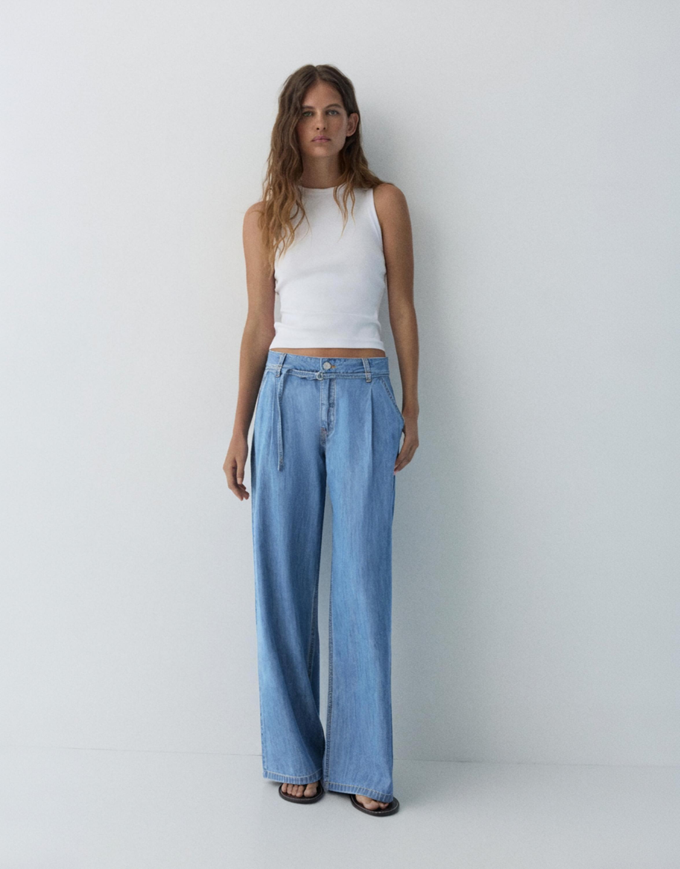 Wide-leg drawstring jeans — Pale blue