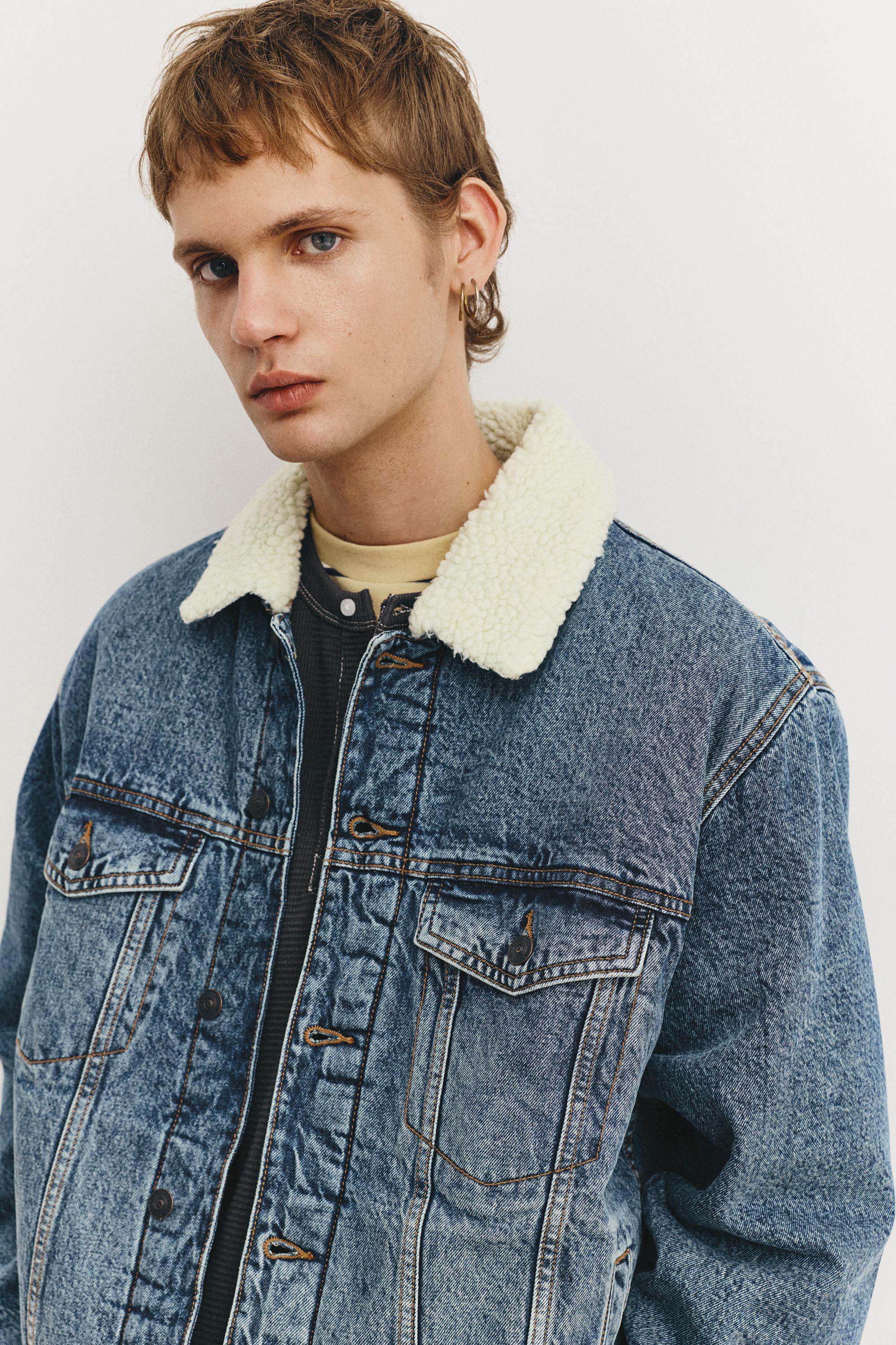 Denim jacket with faux shearling collar — Medium blue