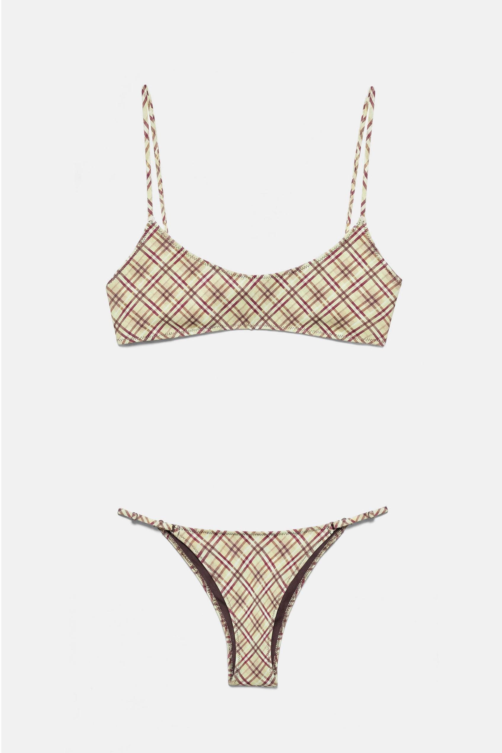 Check print bikini top — Green