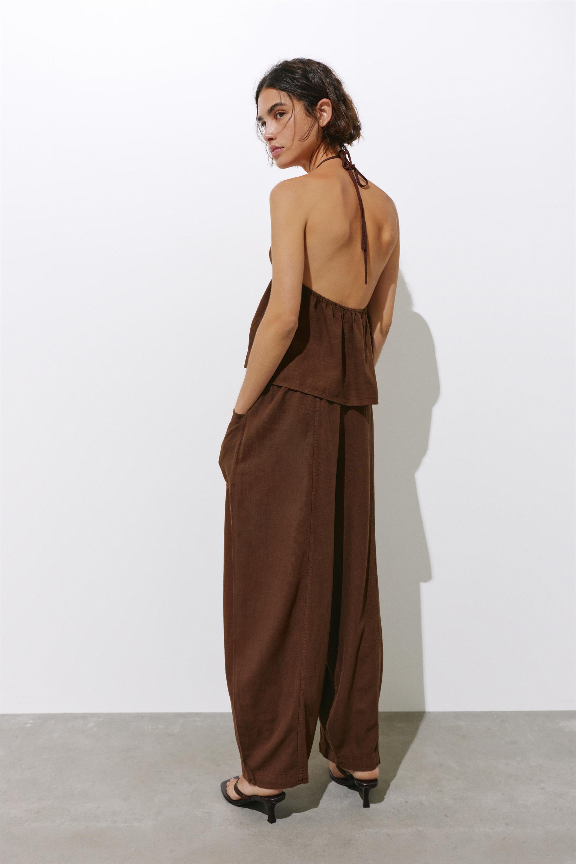 Linen blend barrel trousers — Chocolate