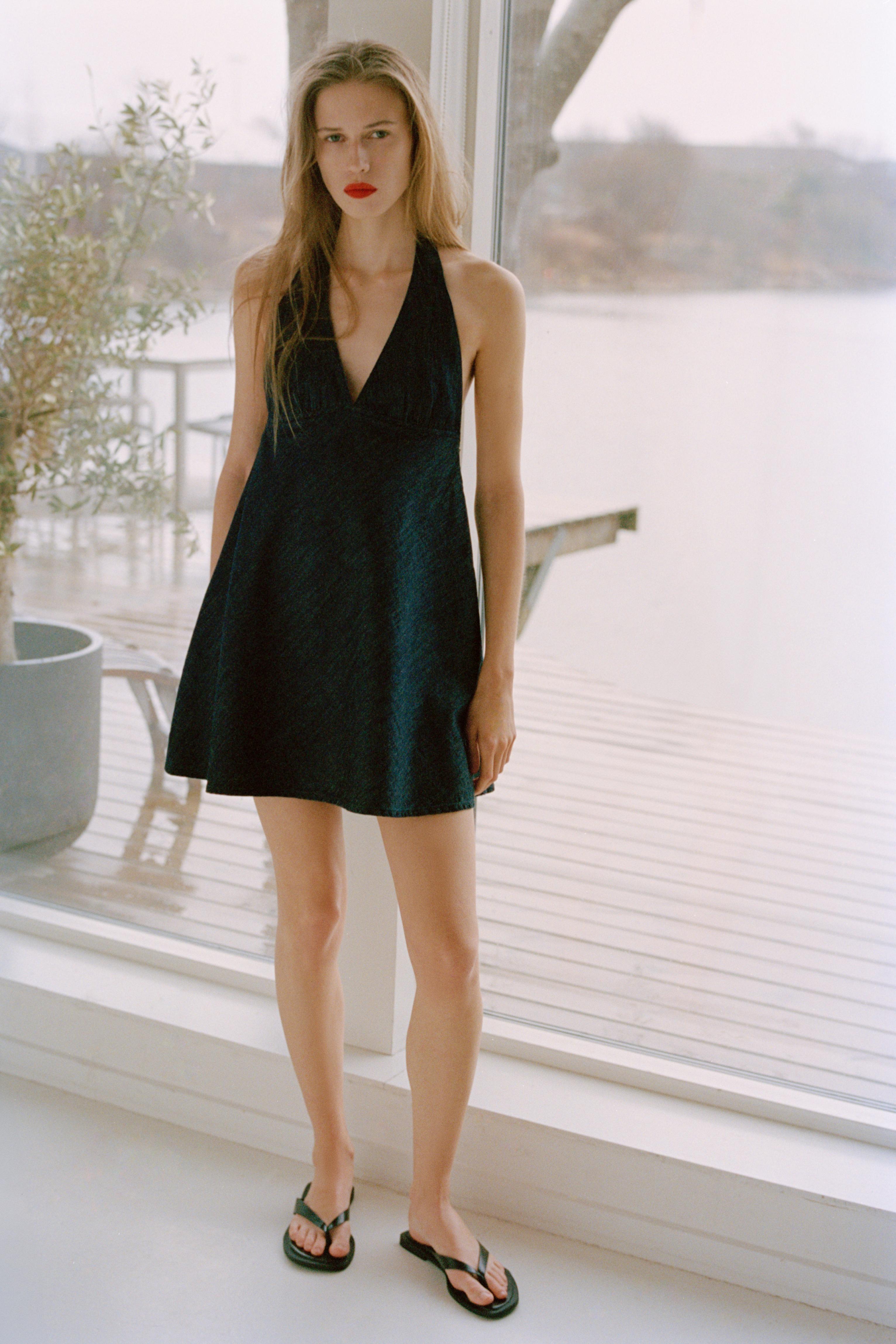 Short denim halter dress — Dark blue
