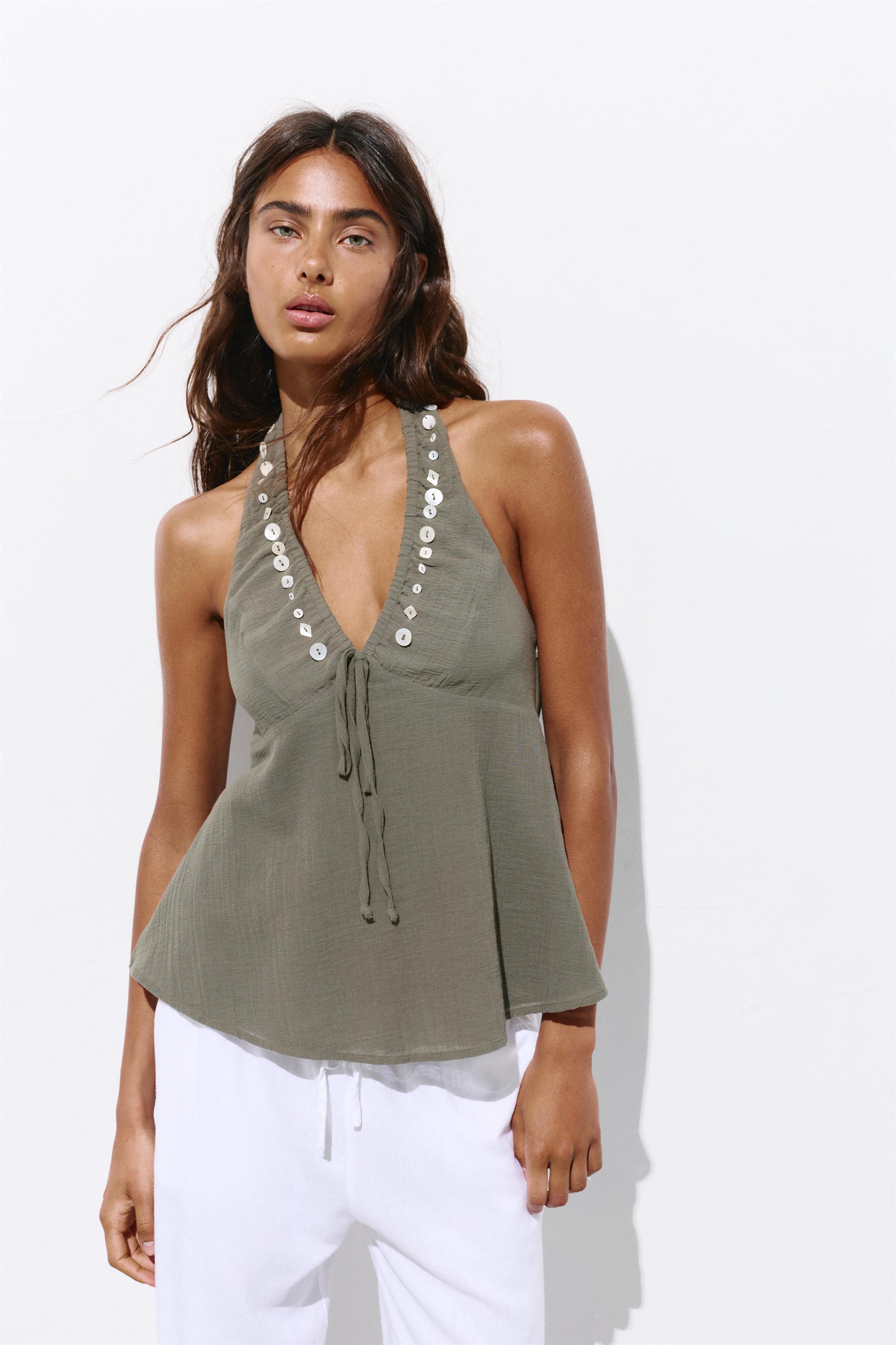 Halter neck top with buttons — Khaki
