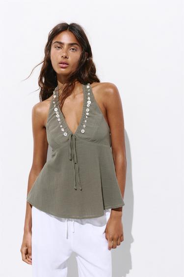 Halter neck top with buttons — Khaki 2