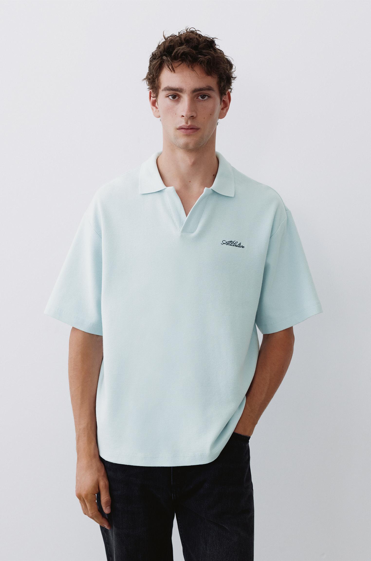 Short sleeve waffle-knit polo shirt — Sky blue