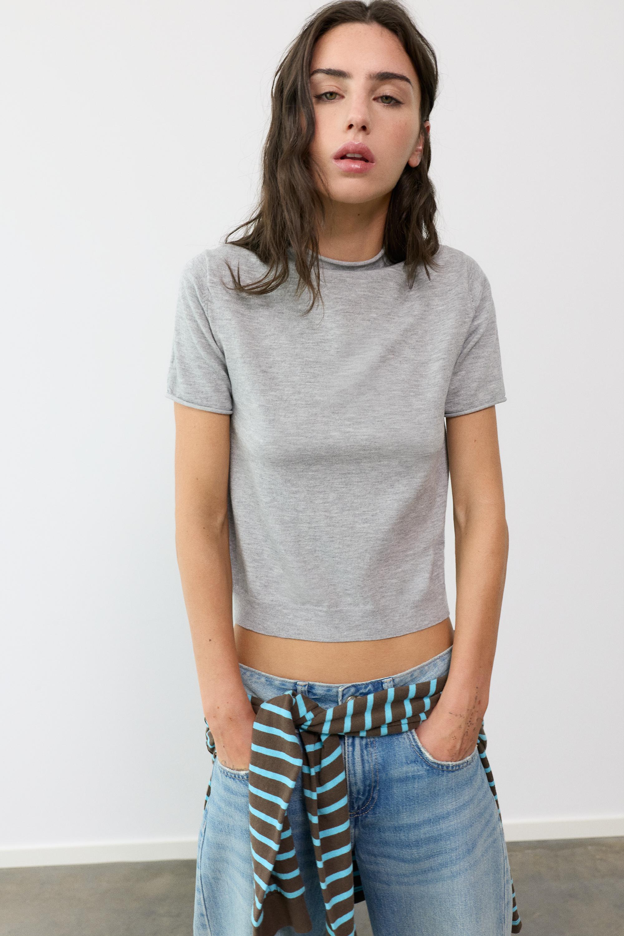 Fine knit short sleeve T-shirt — Grey