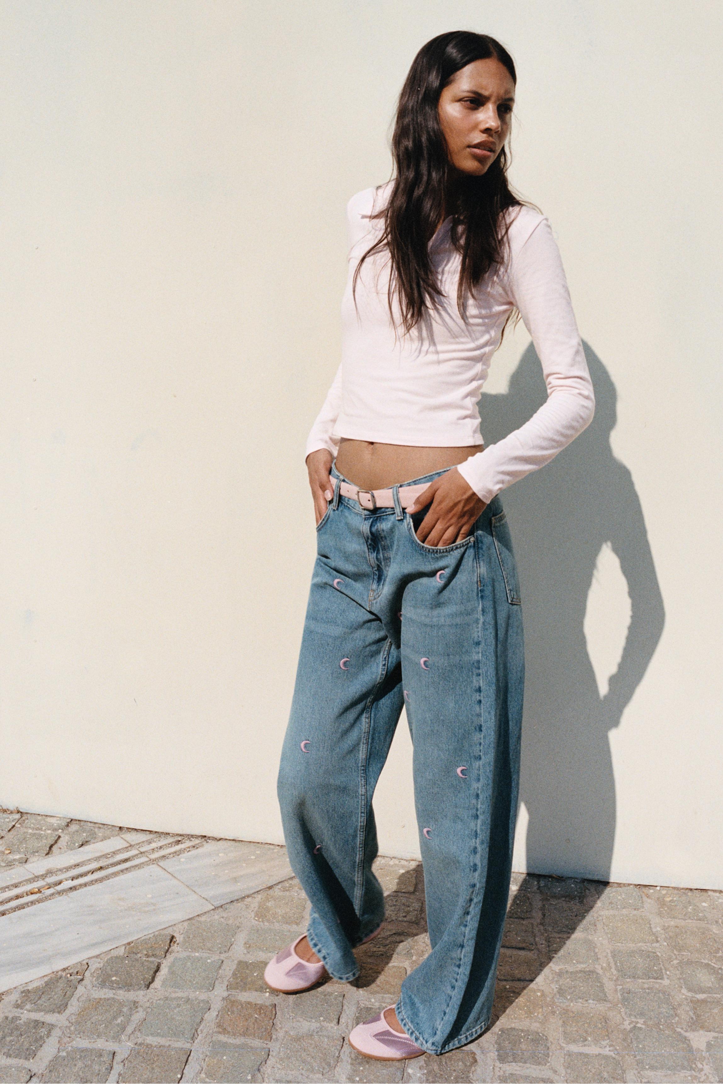 Embroidered moon baggy jeans — Medium blue