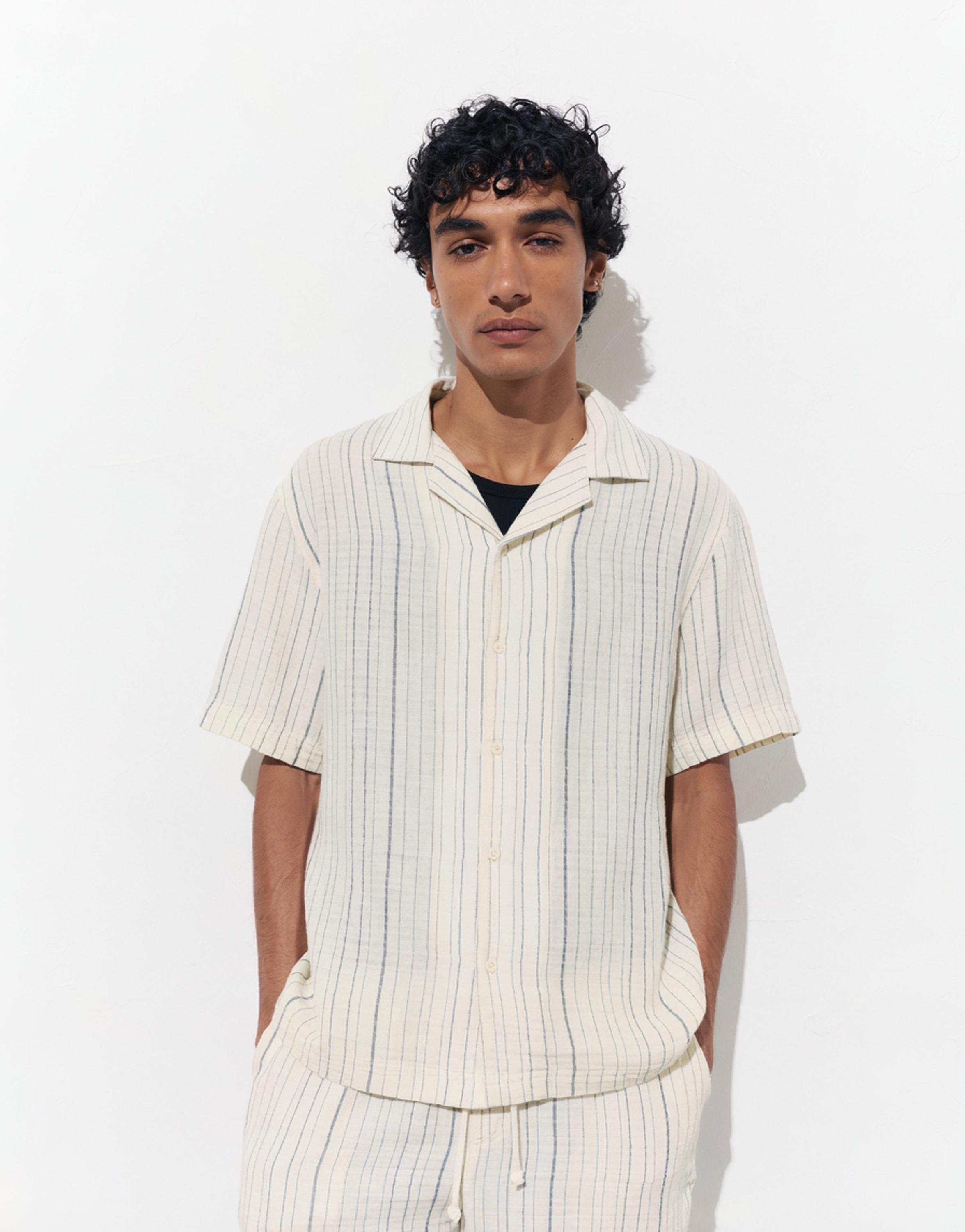 Short sleeve striped crepe shirt — White/Navy