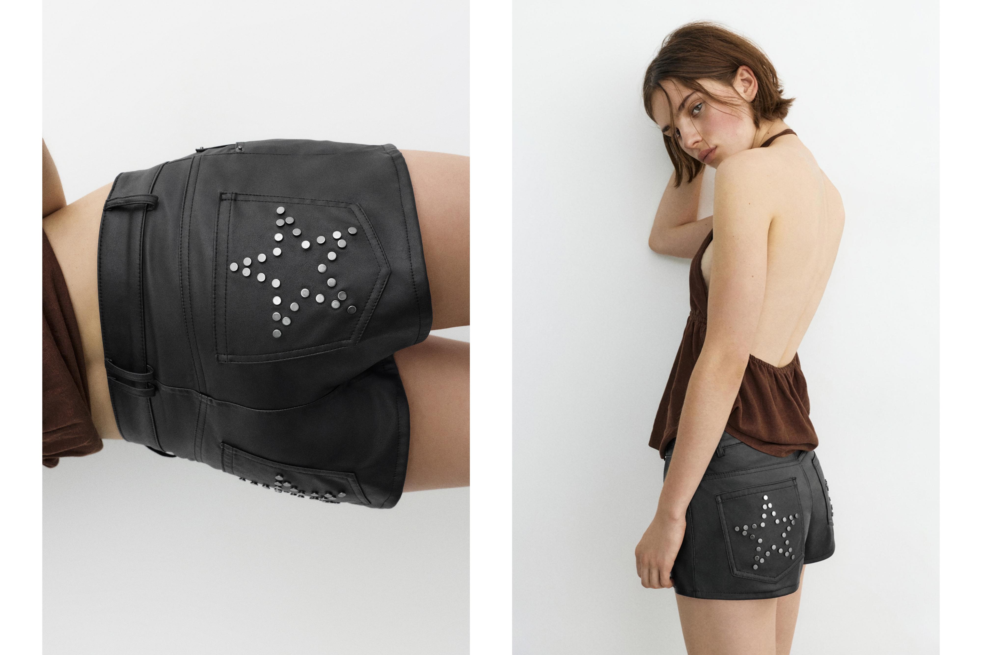 Studded faux leather mini shorts — Black