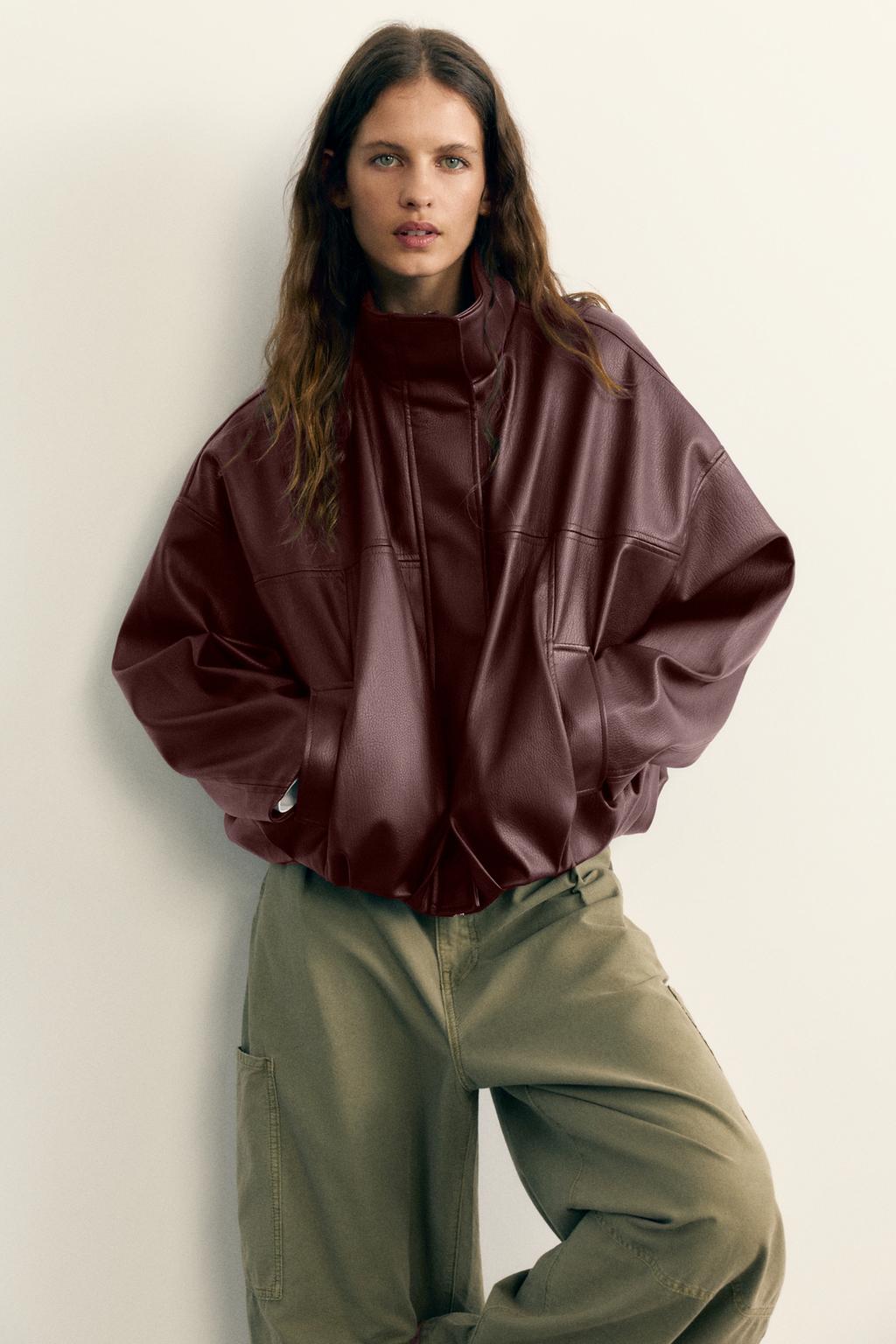 Leather-effect balloon bomber jacket