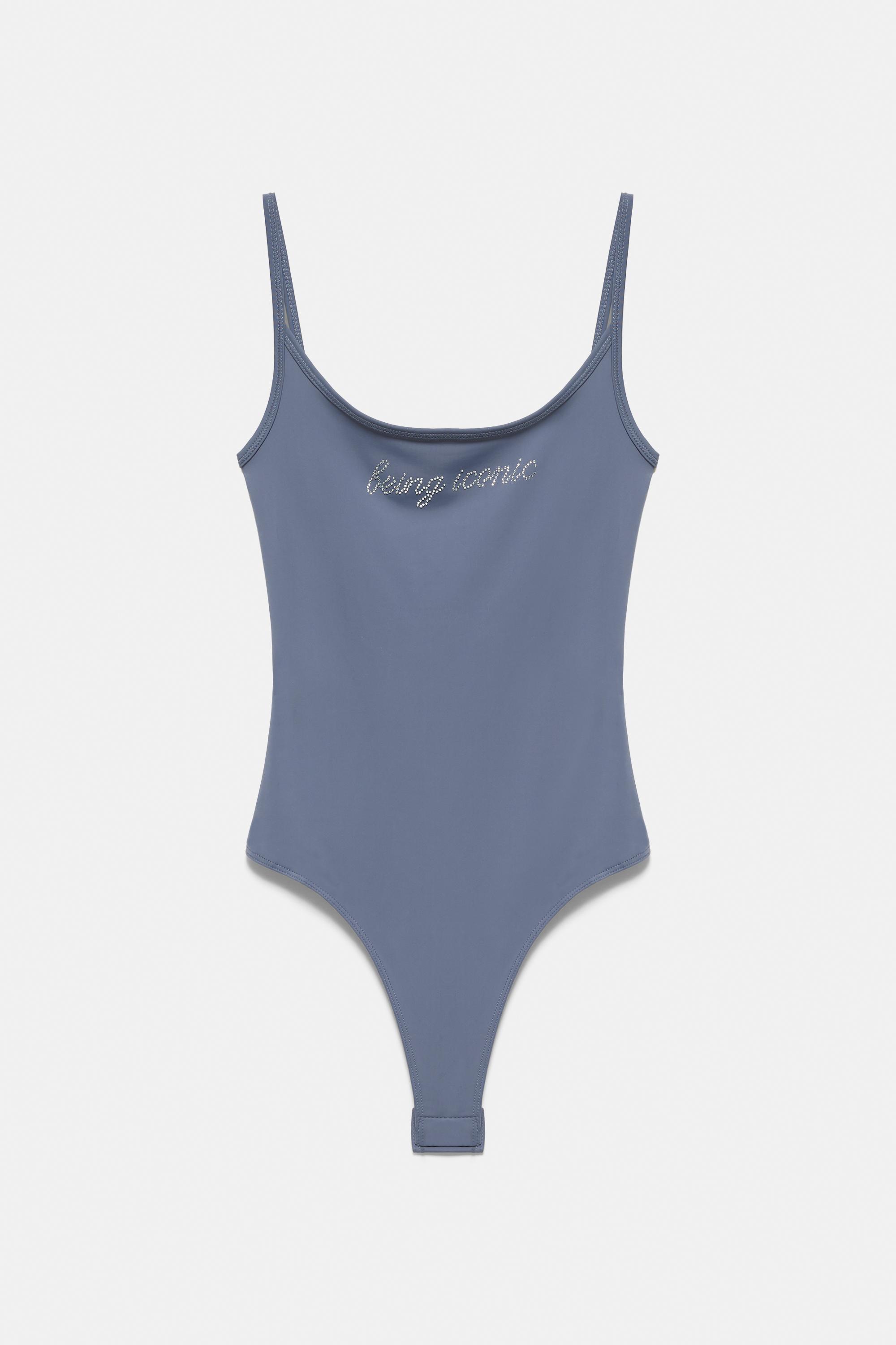 Rhinestone graphic bodysuit — Bluish grey