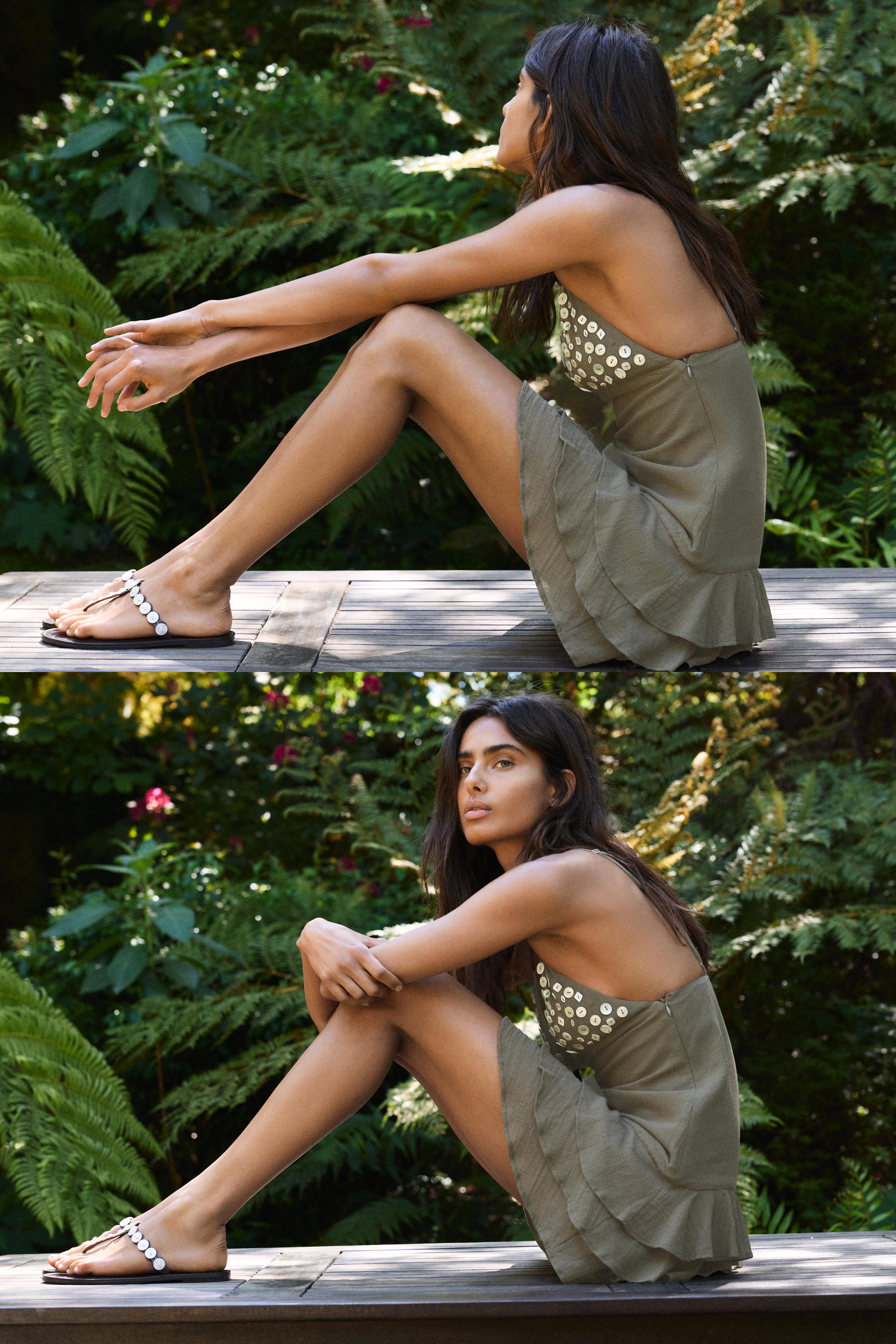 Short strappy button dress — Khaki