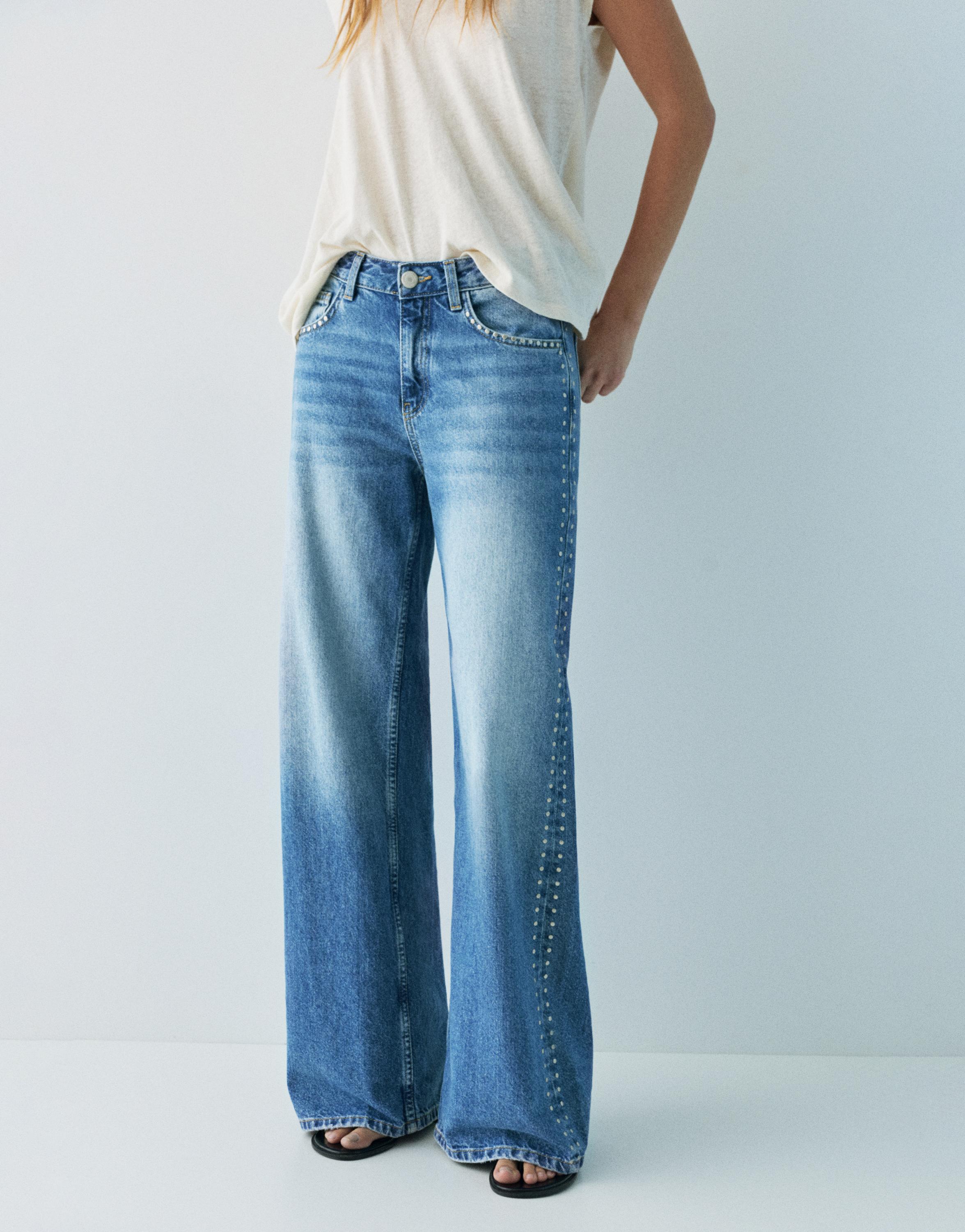 Wide-leg stud jeans — Medium blue