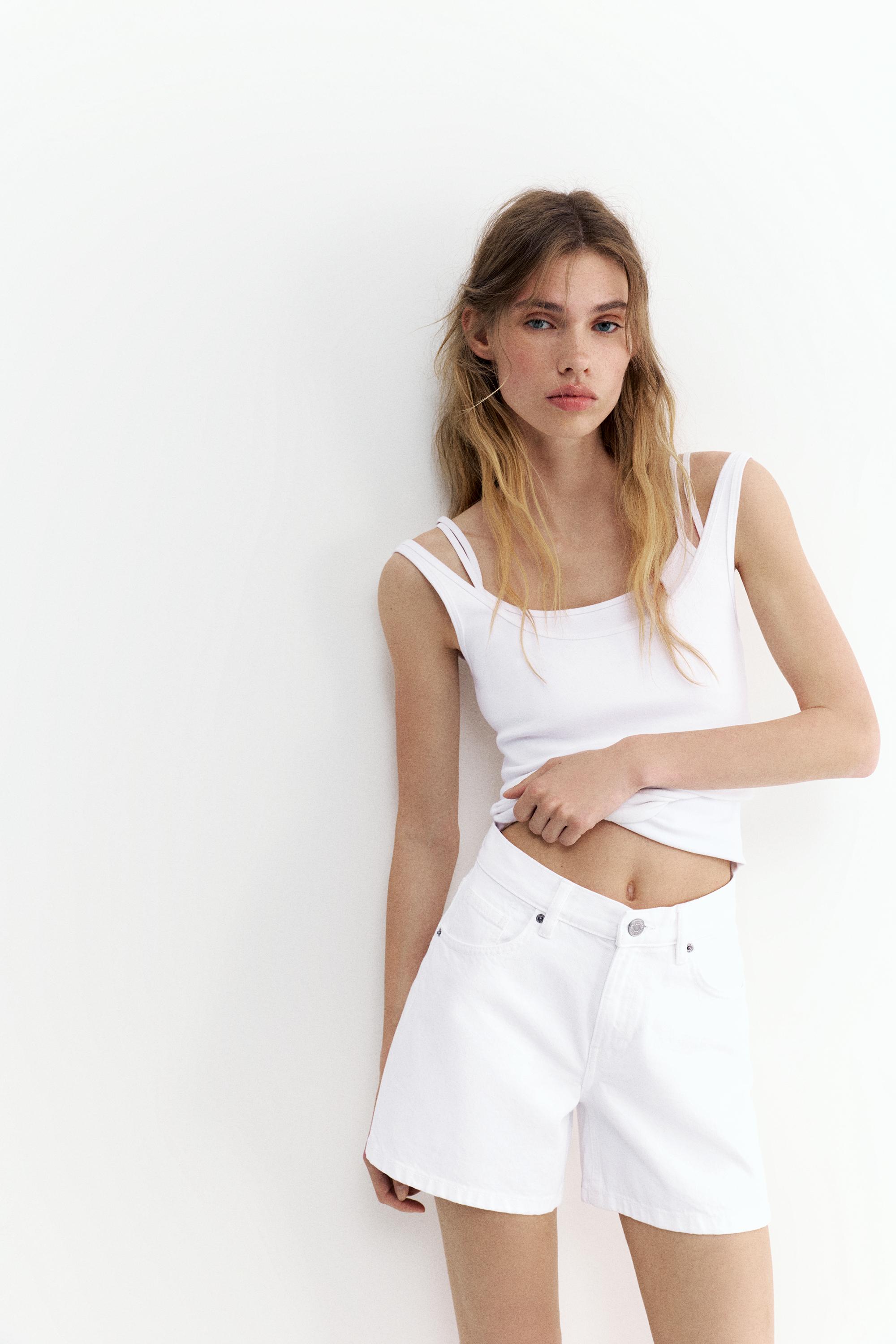 Mid-waist denim Bermuda shorts — White