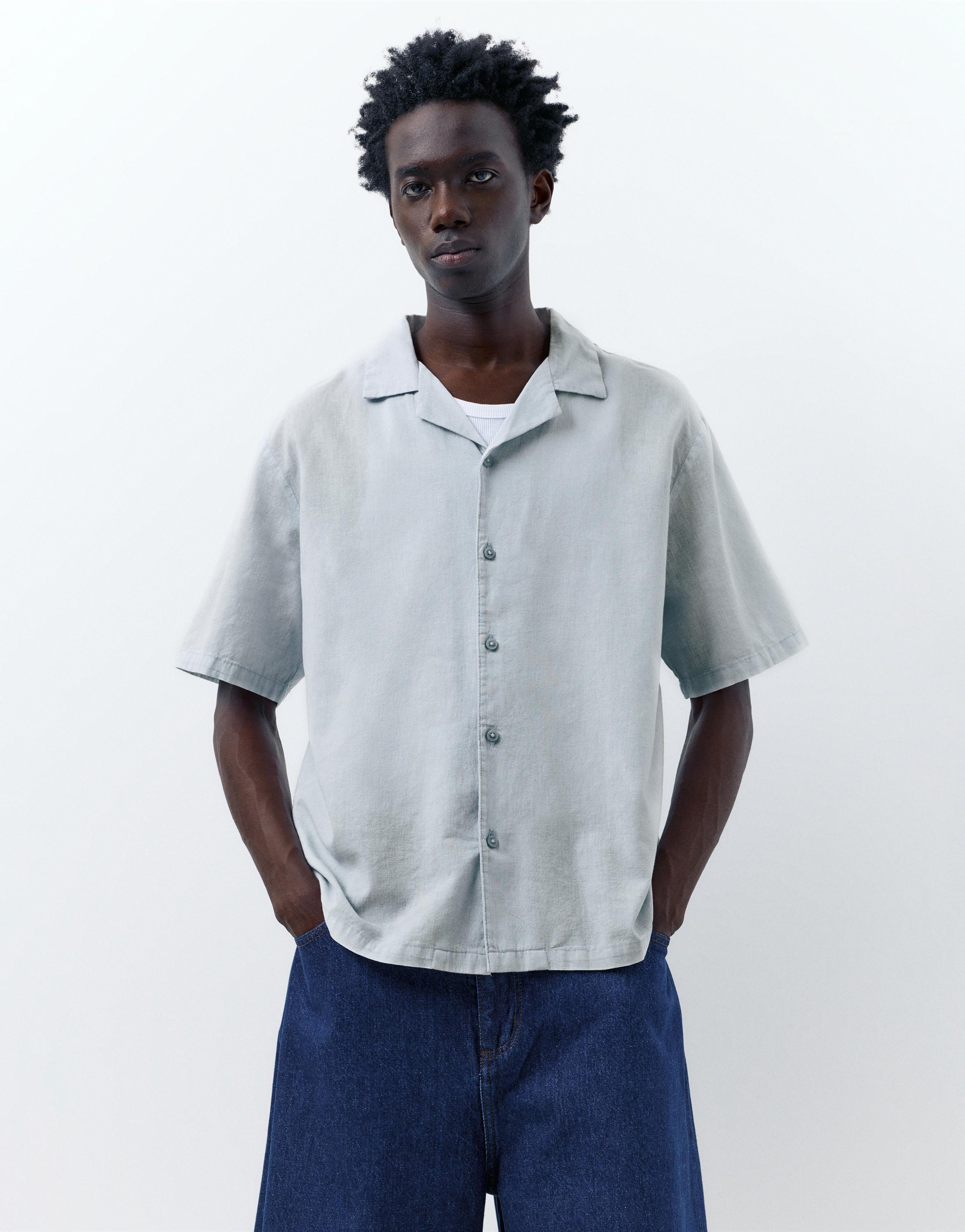 Short sleeve linen blend shirt — Pale blue