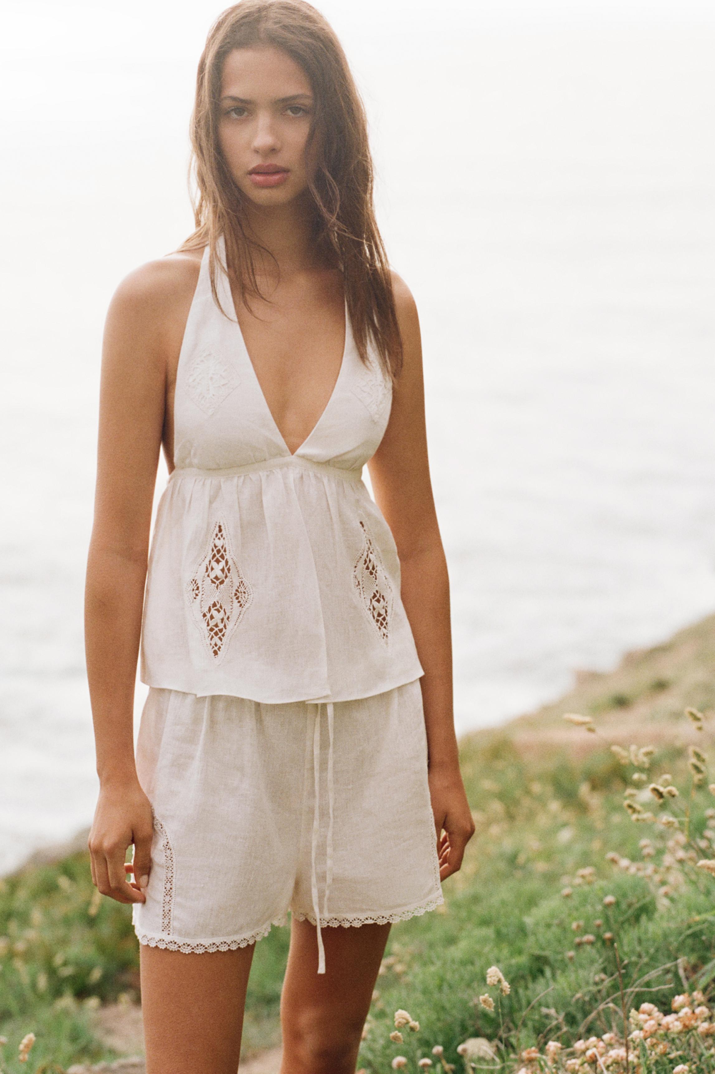 Encaixe de Camariñas x Pull&Bear 100% linen halter top — Off white
