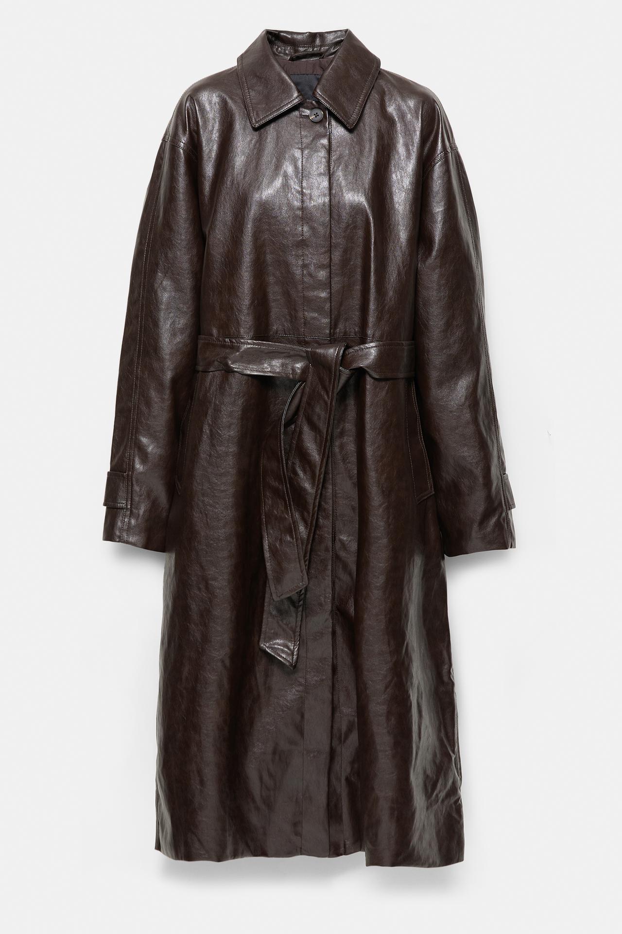 Long leather effect trench coat — Brown