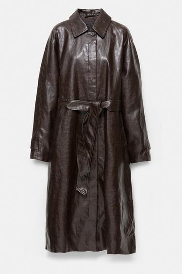 Long leather effect trench coat — Brown 5