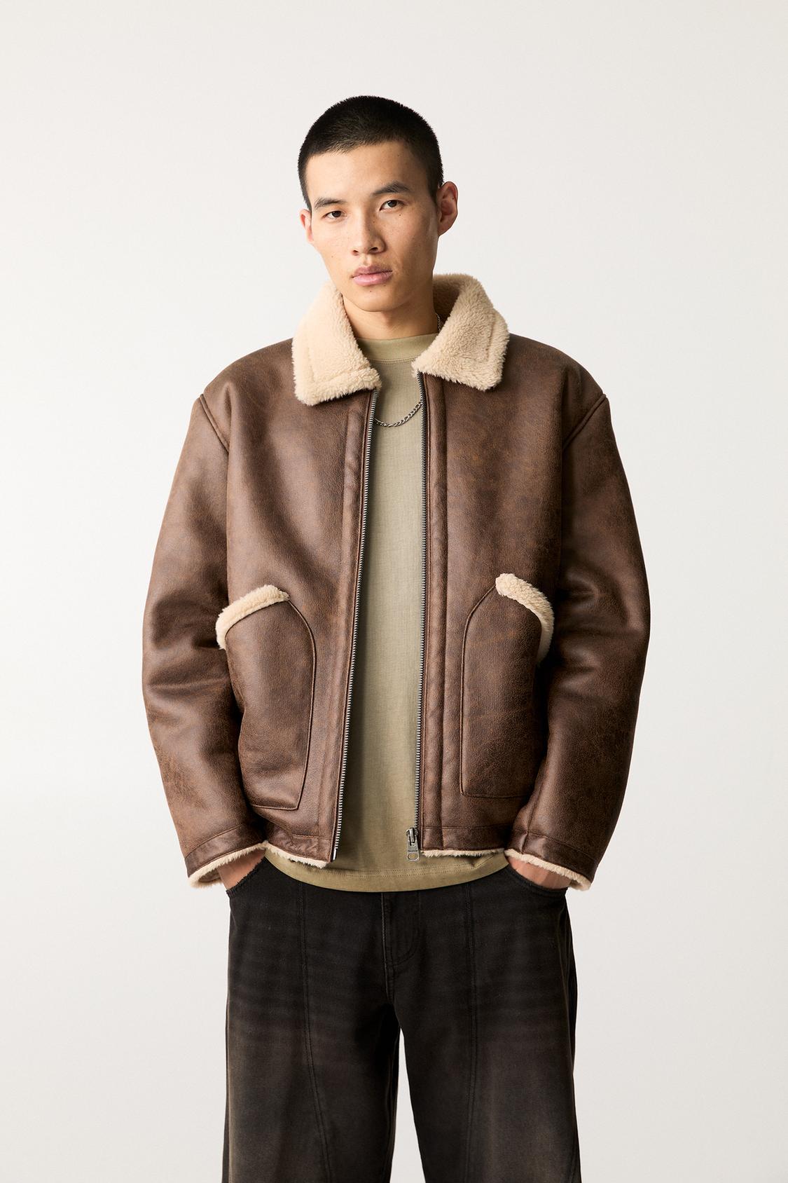 Pull And Bear Leather Bomber Jacket Cropped Pull And Bear Brown