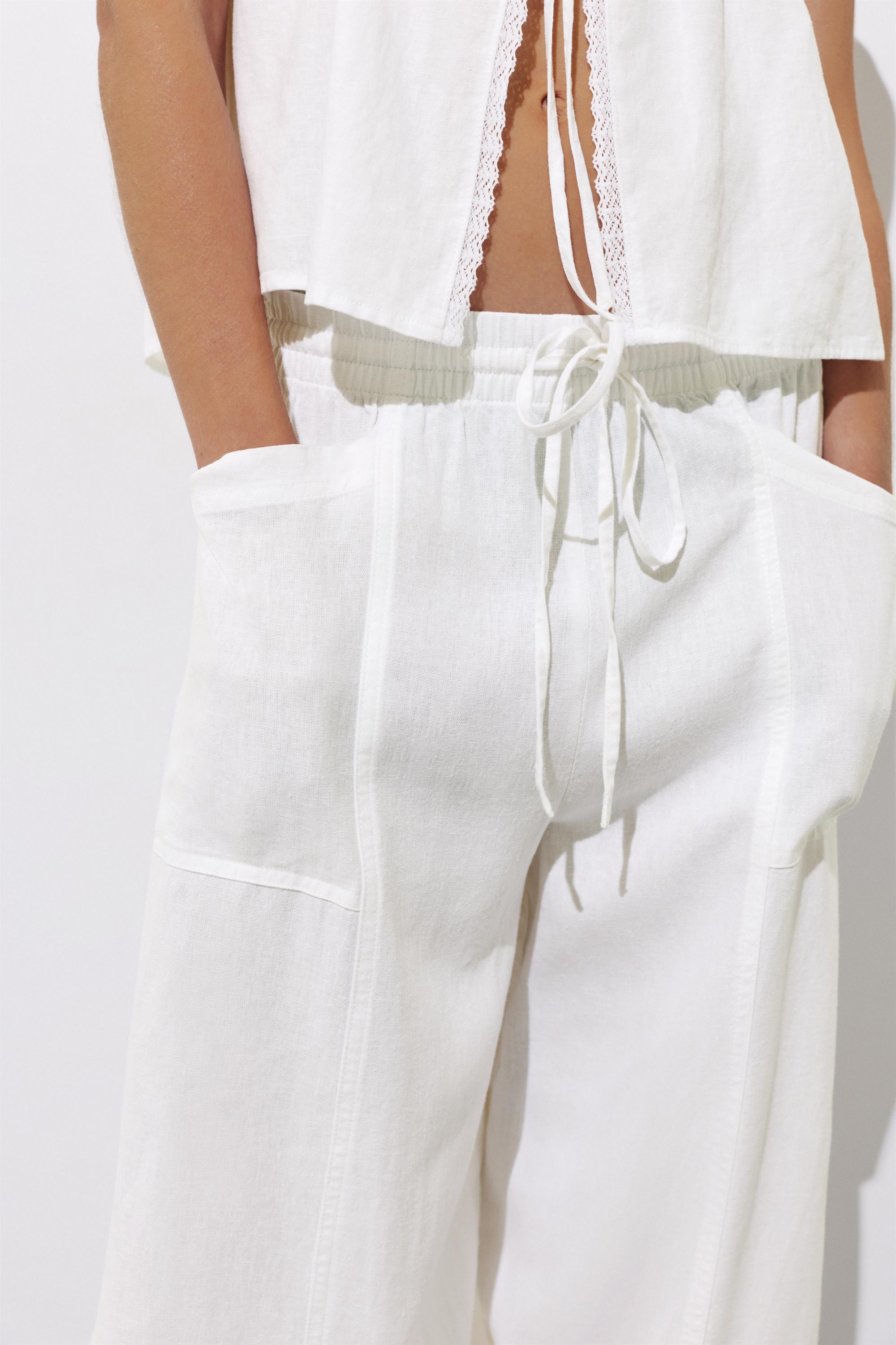 Linen blend barrel trousers — White