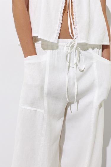 Linen blend barrel trousers — White 3