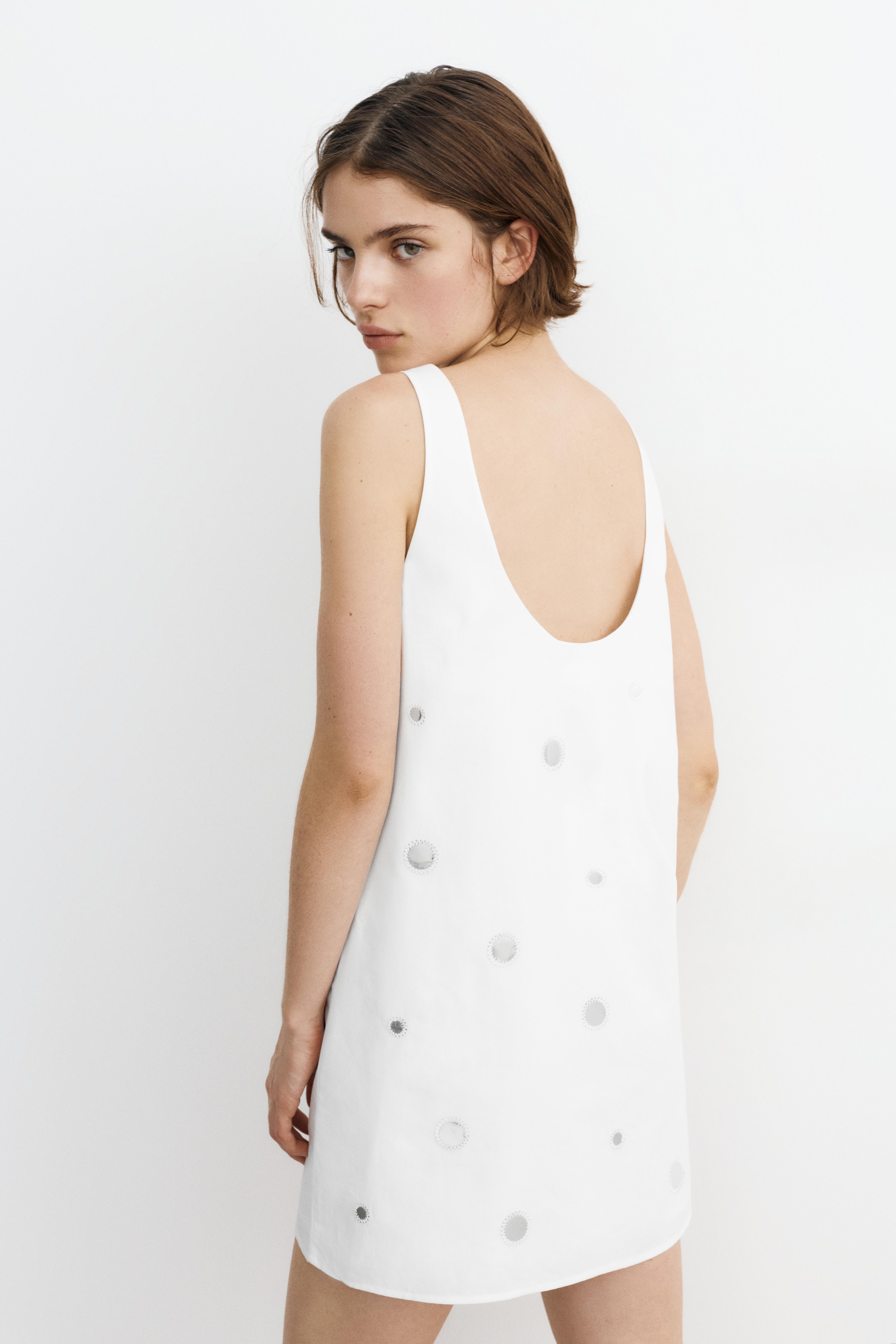 Short strappy dress with mirrored details — Ecru