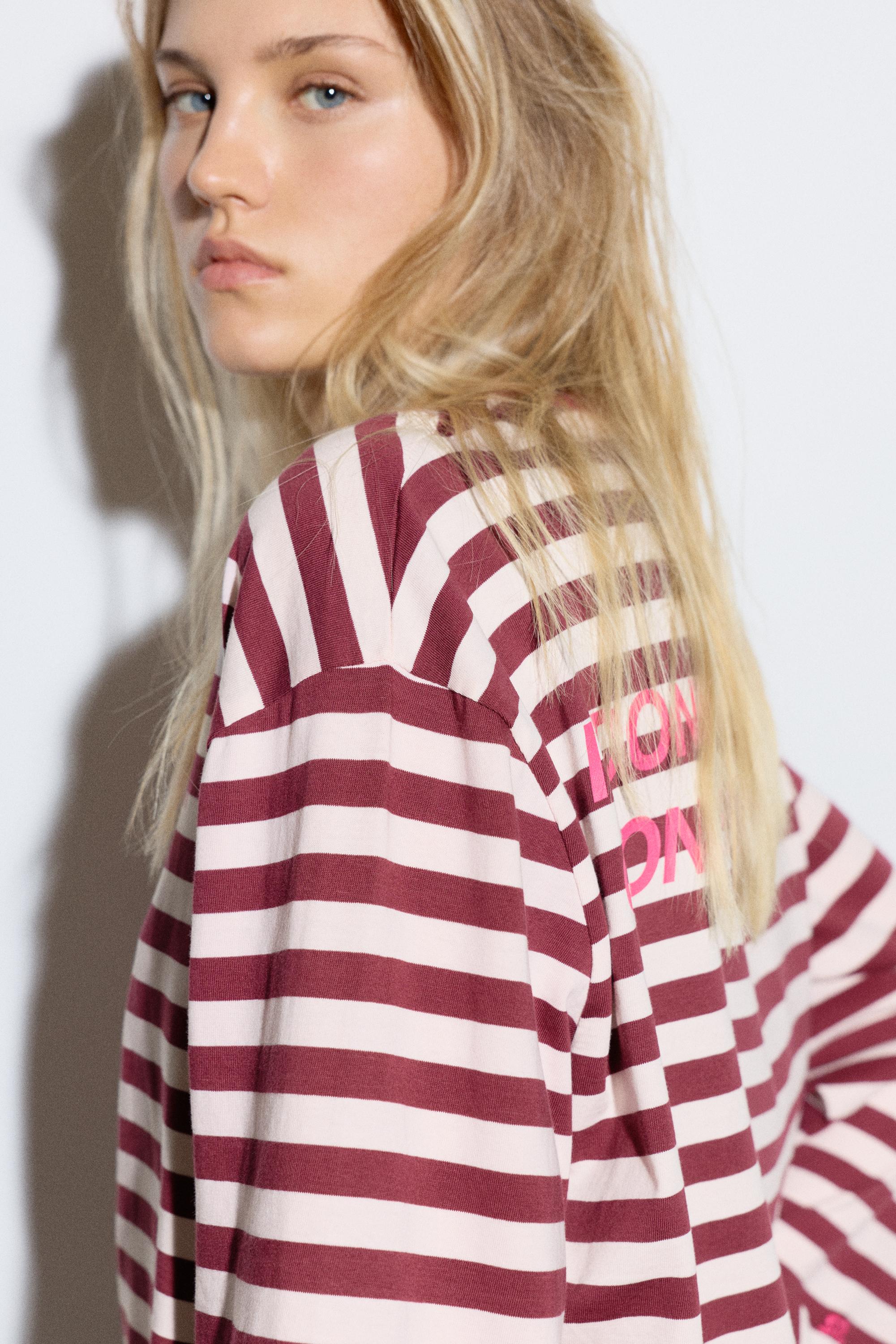 Oversize striped slogan T-shirt — Pale pink