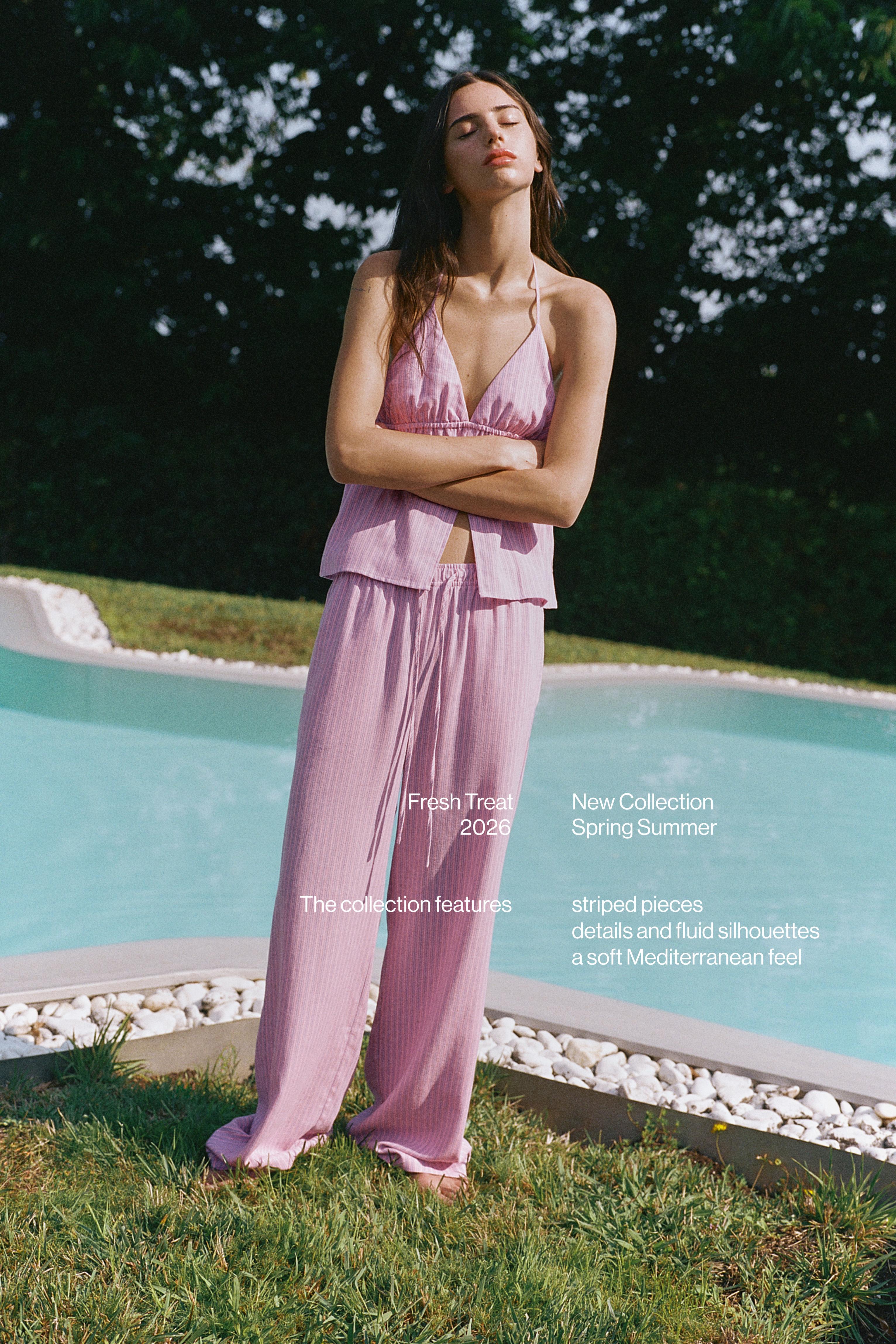 Striped pyjama-style trousers with linen — Pink