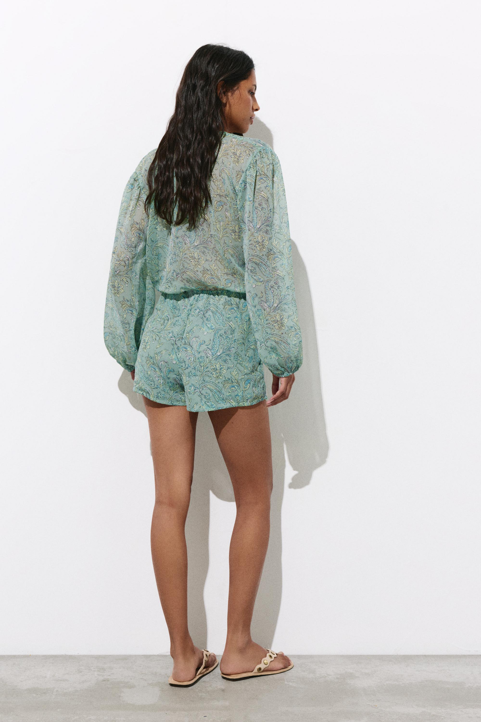 Printed gathered romper — Turquoise