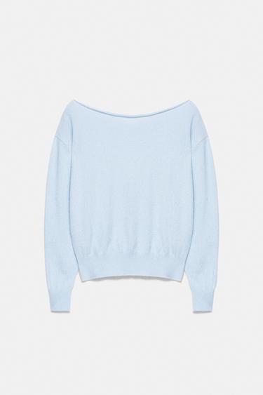Soft-touch boat neck jumper — Pale sky blue 5