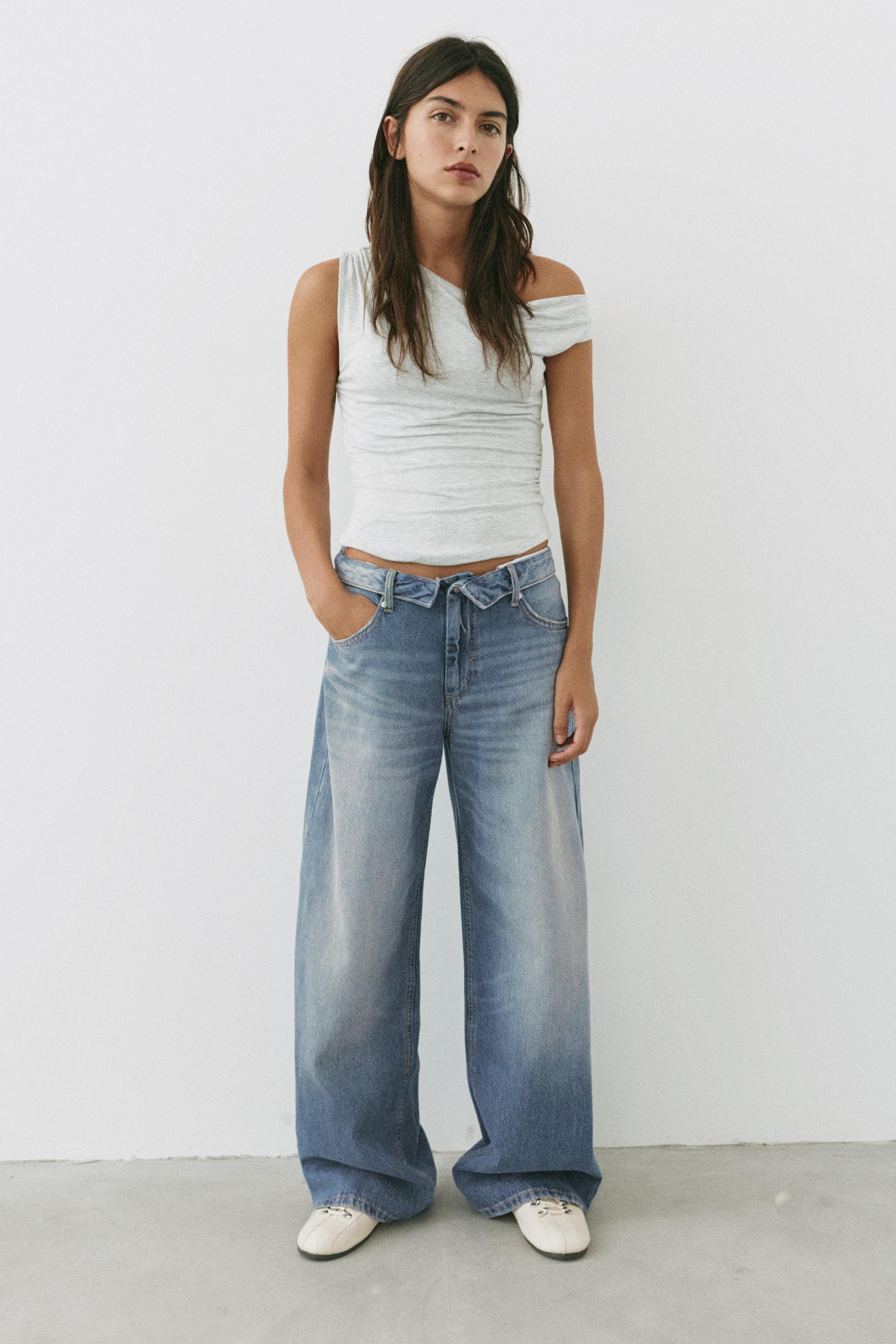 Relaxed baggy jeans with turn-up waist — Greenish blue