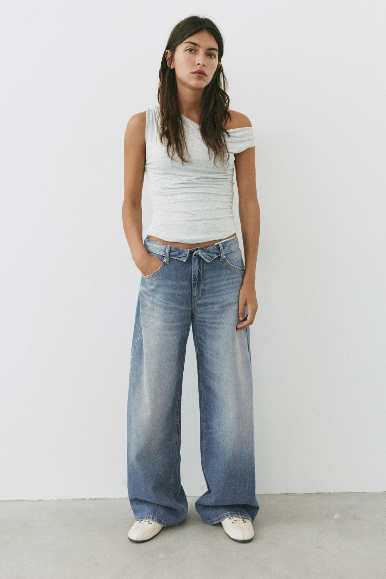 Balloon relaxed fit jeans with turned-up waistband — Greenish blue