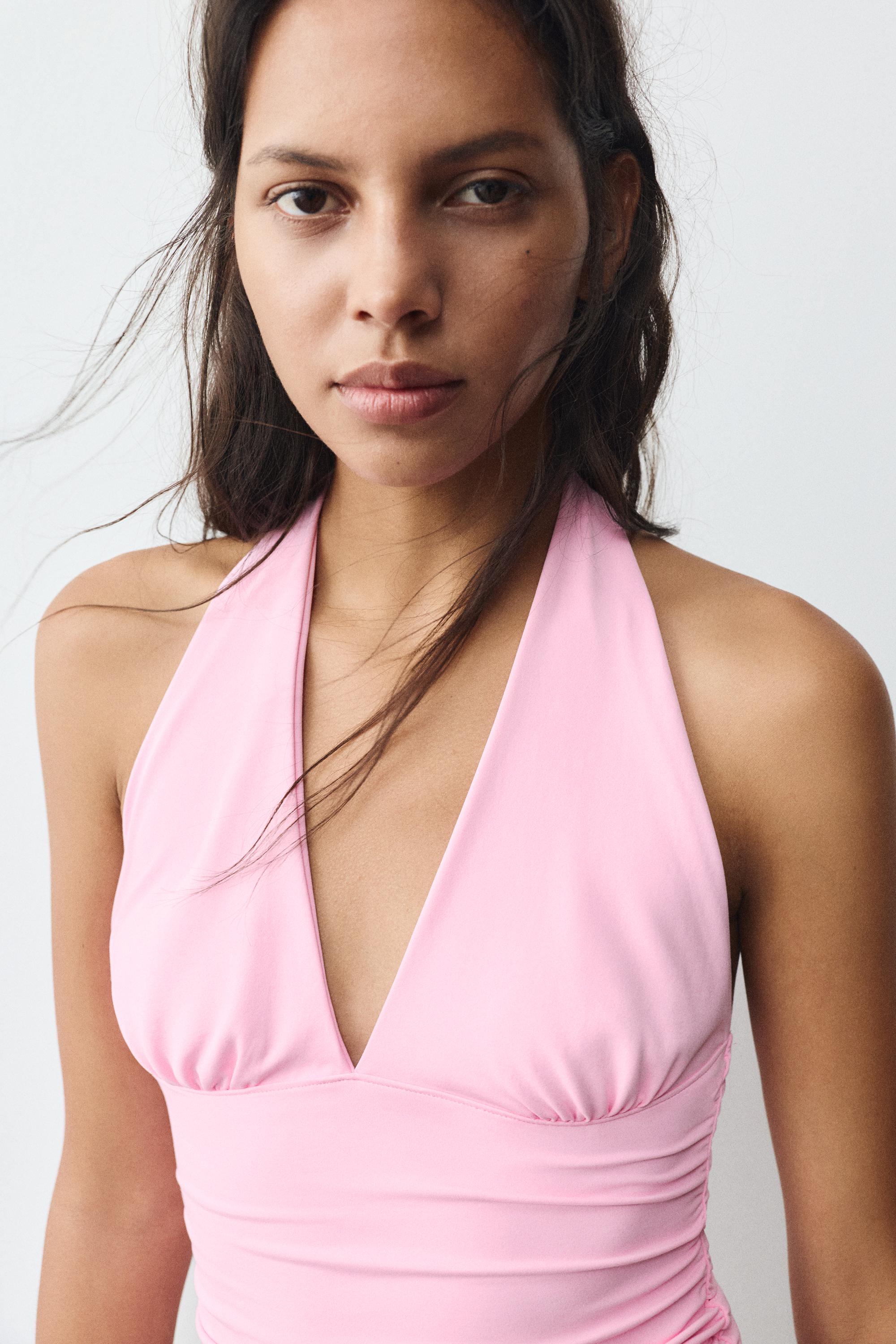 Halter neck top with gathering — Pink
